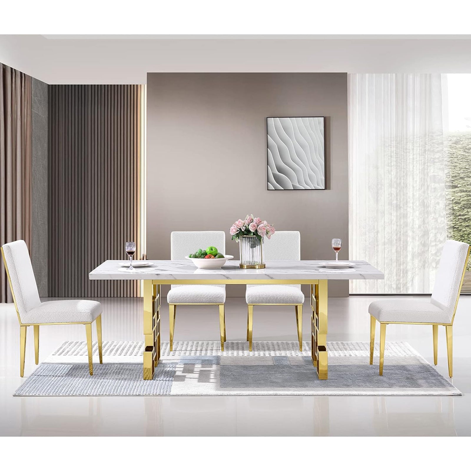 White dining table | 78" Rectangle  table Top | Gold Metal geometric legs | folding screen design T219