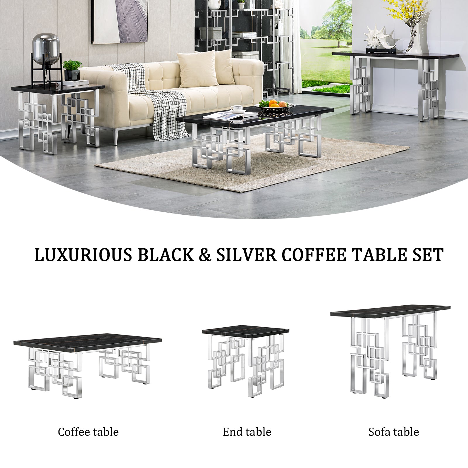 Black Silver Sofa table with geometric legs | S520