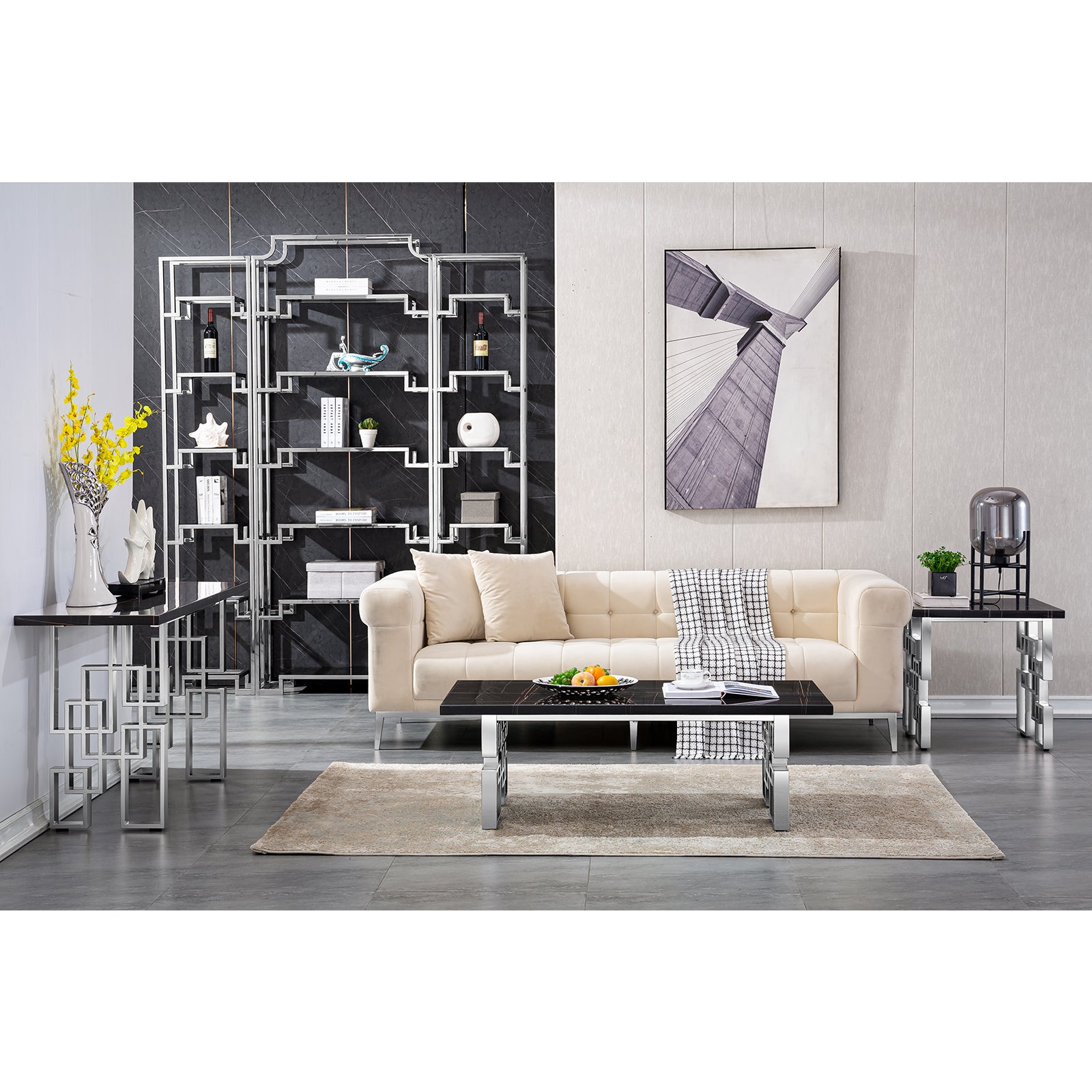 End Table with Silver Geometric Base | E419