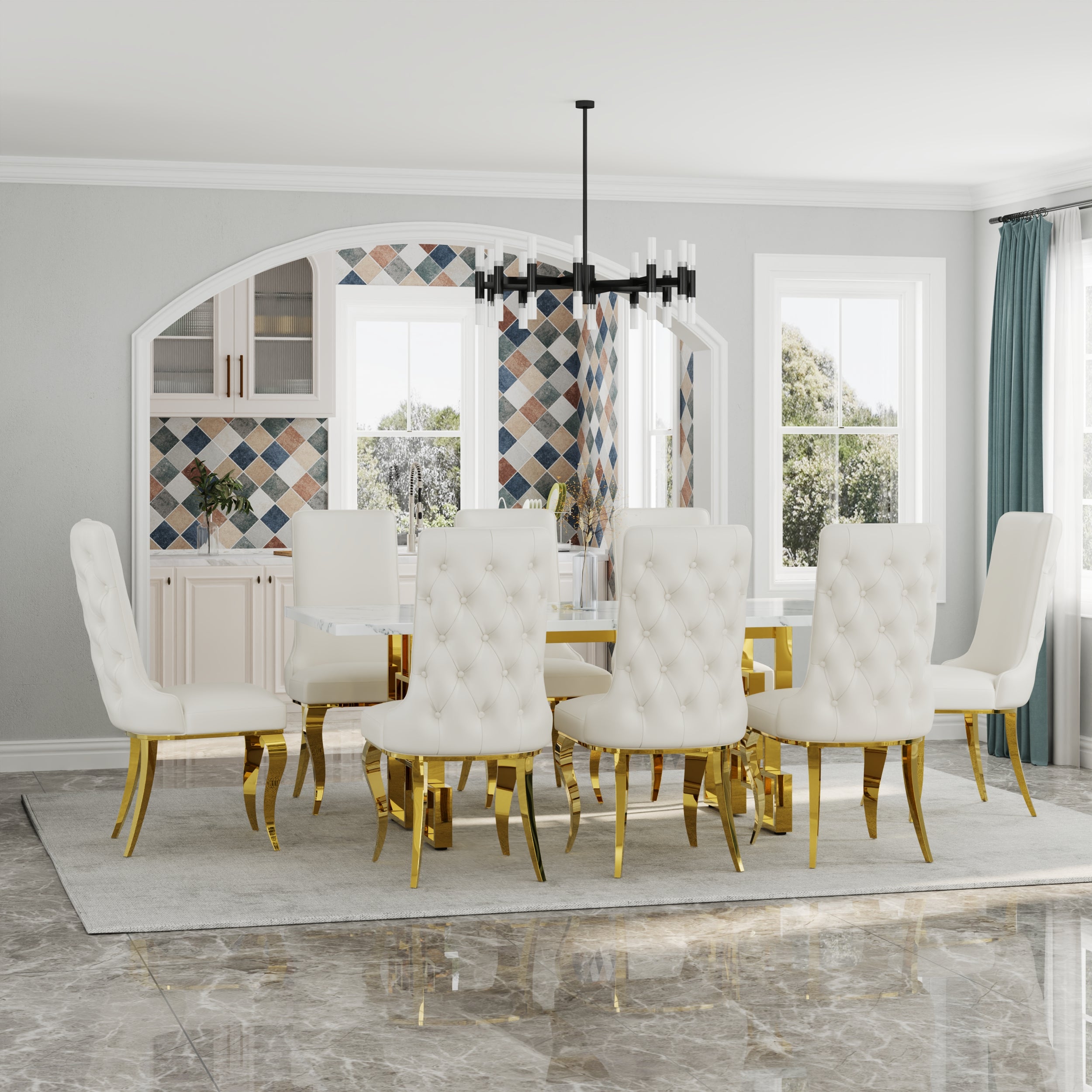 723 Set | White and Gold Dining Table Set for 8 | 78" Dining Table and 8 Pcs Leather High Back Dining Chairs