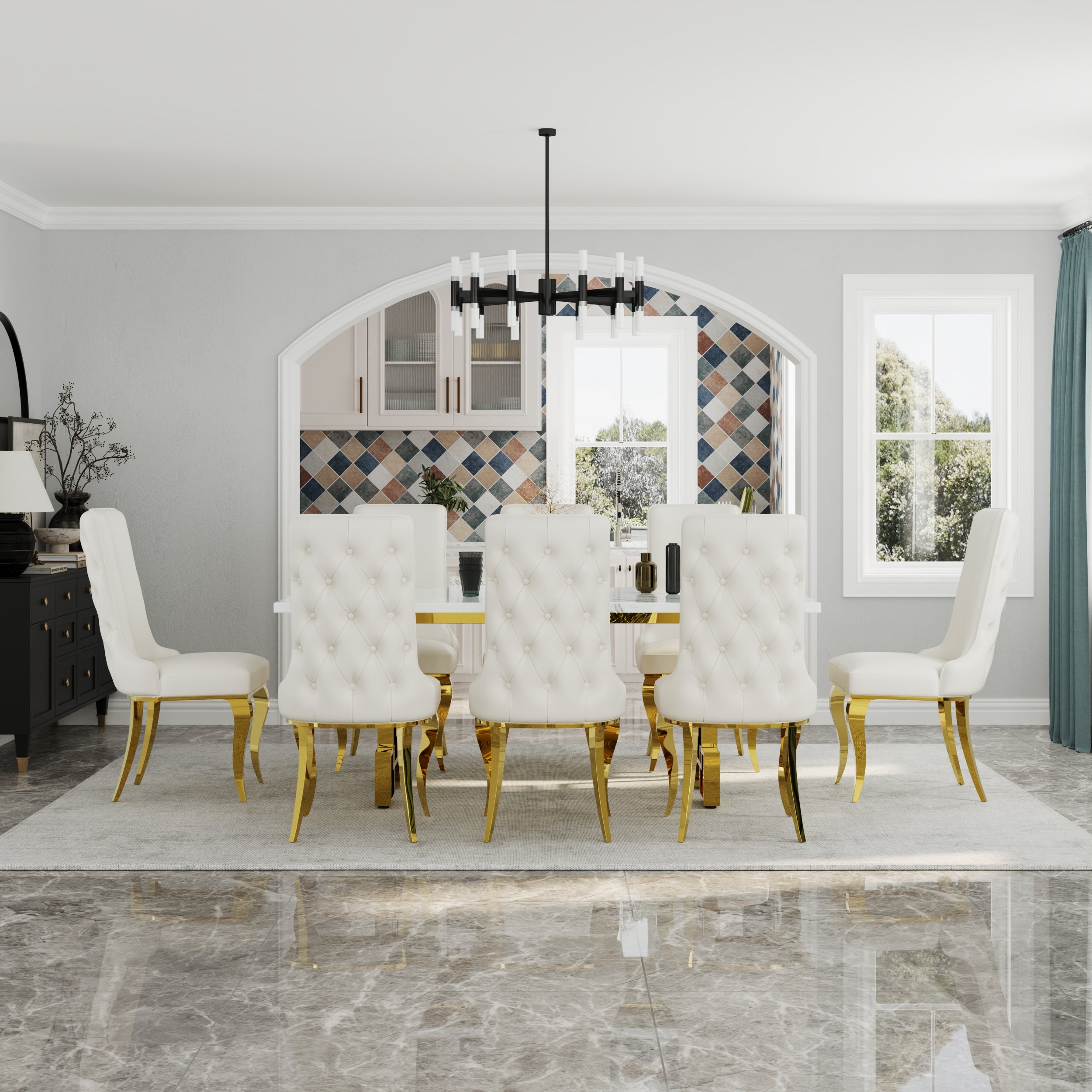 723 Set | White and Gold Dining Table Set for 8 | 78" Dining Table and 8 Pcs Leather High Back Dining Chairs