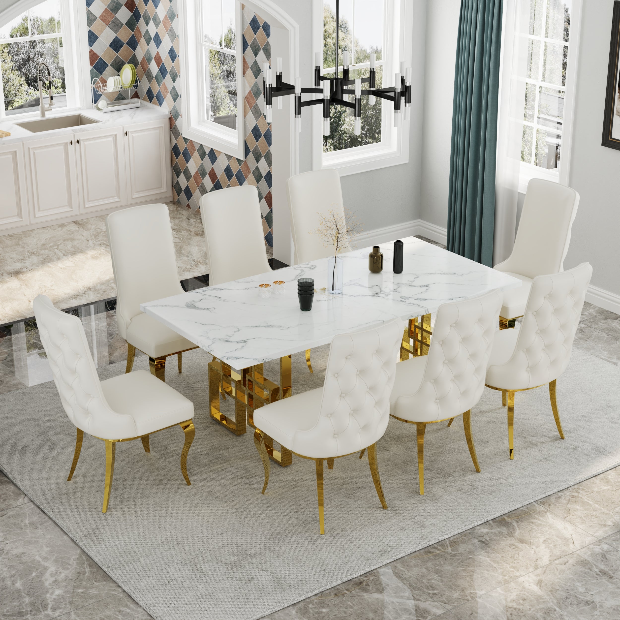 723 Set | White and Gold Dining Table Set for 8 | 78" Dining Table and 8 Pcs Leather High Back Dining Chairs