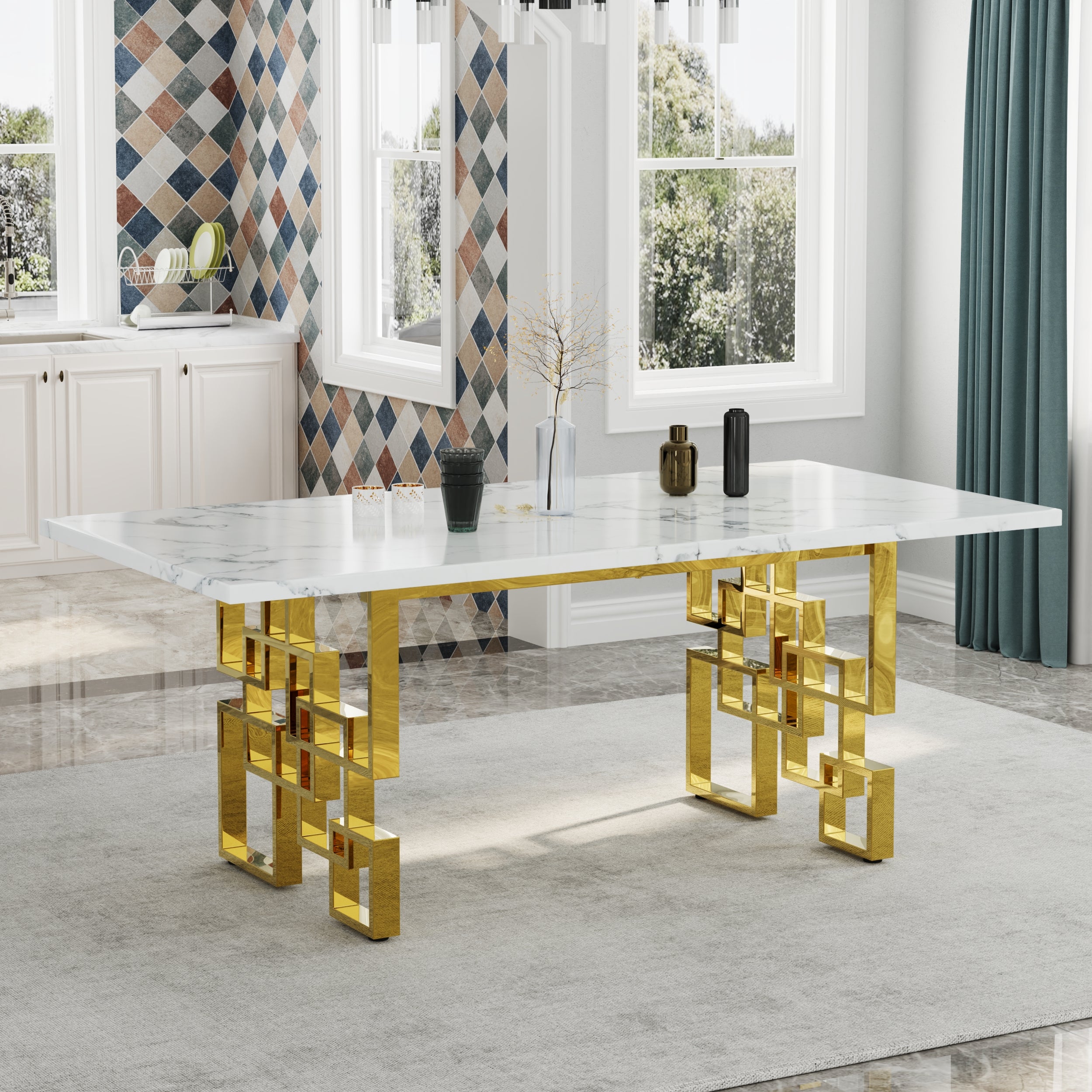 723 Set | White and Gold Dining Table Set for 8 | 78" Dining Table and 8 Pcs Leather High Back Dining Chairs