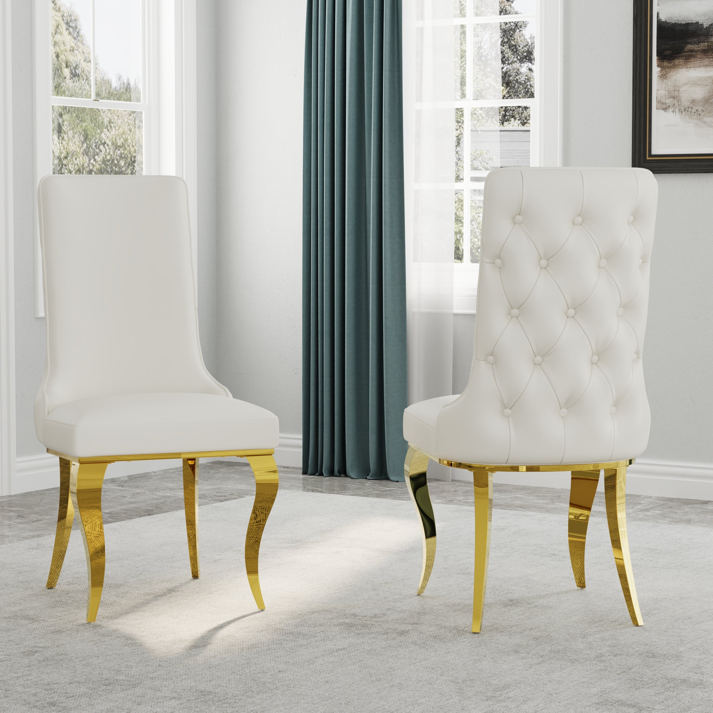 723 Set | White and Gold Dining Table Set for 8 | 78" Dining Table and 8 Pcs Leather High Back Dining Chairs