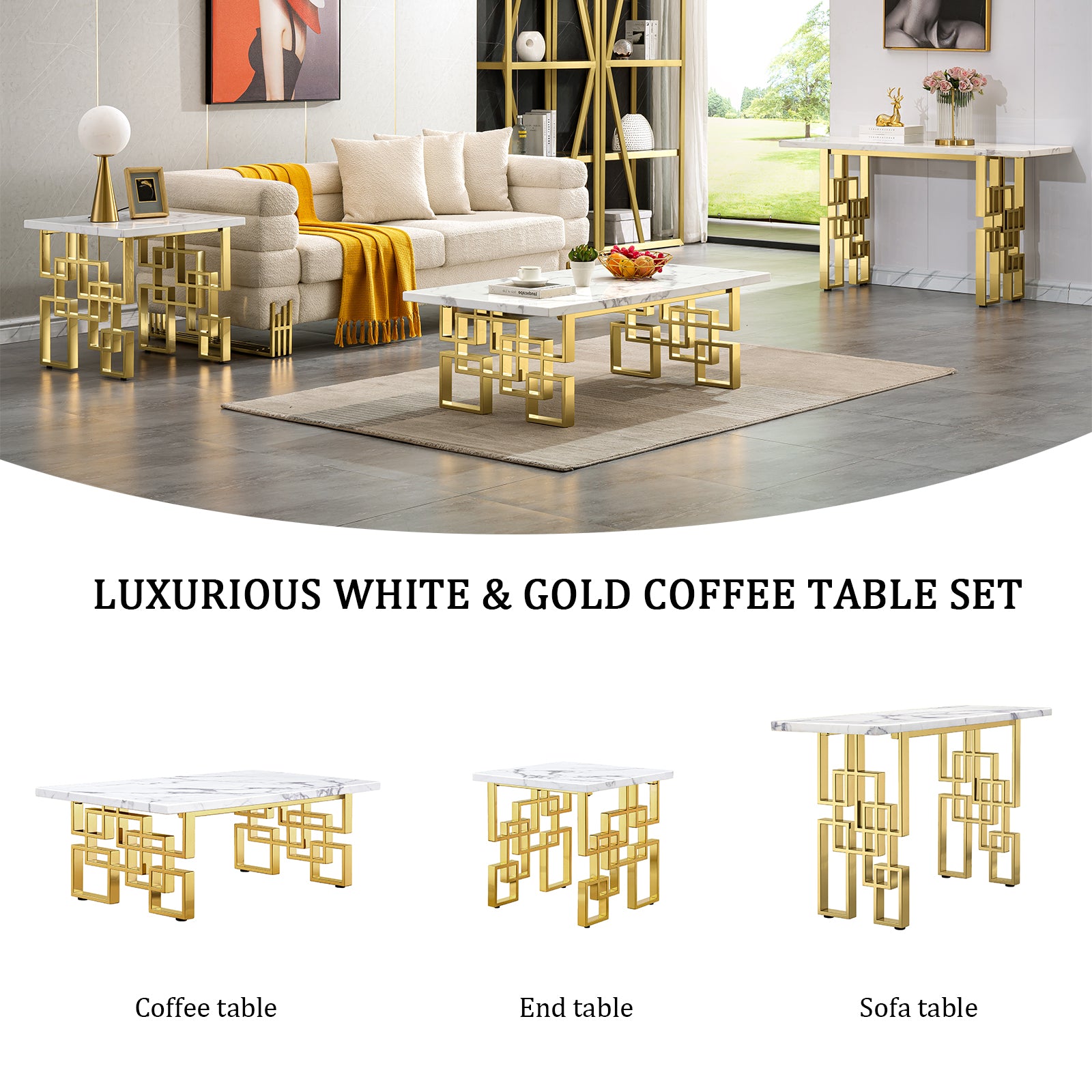 AUZ White Gold Sofa table with geometric legs | S521