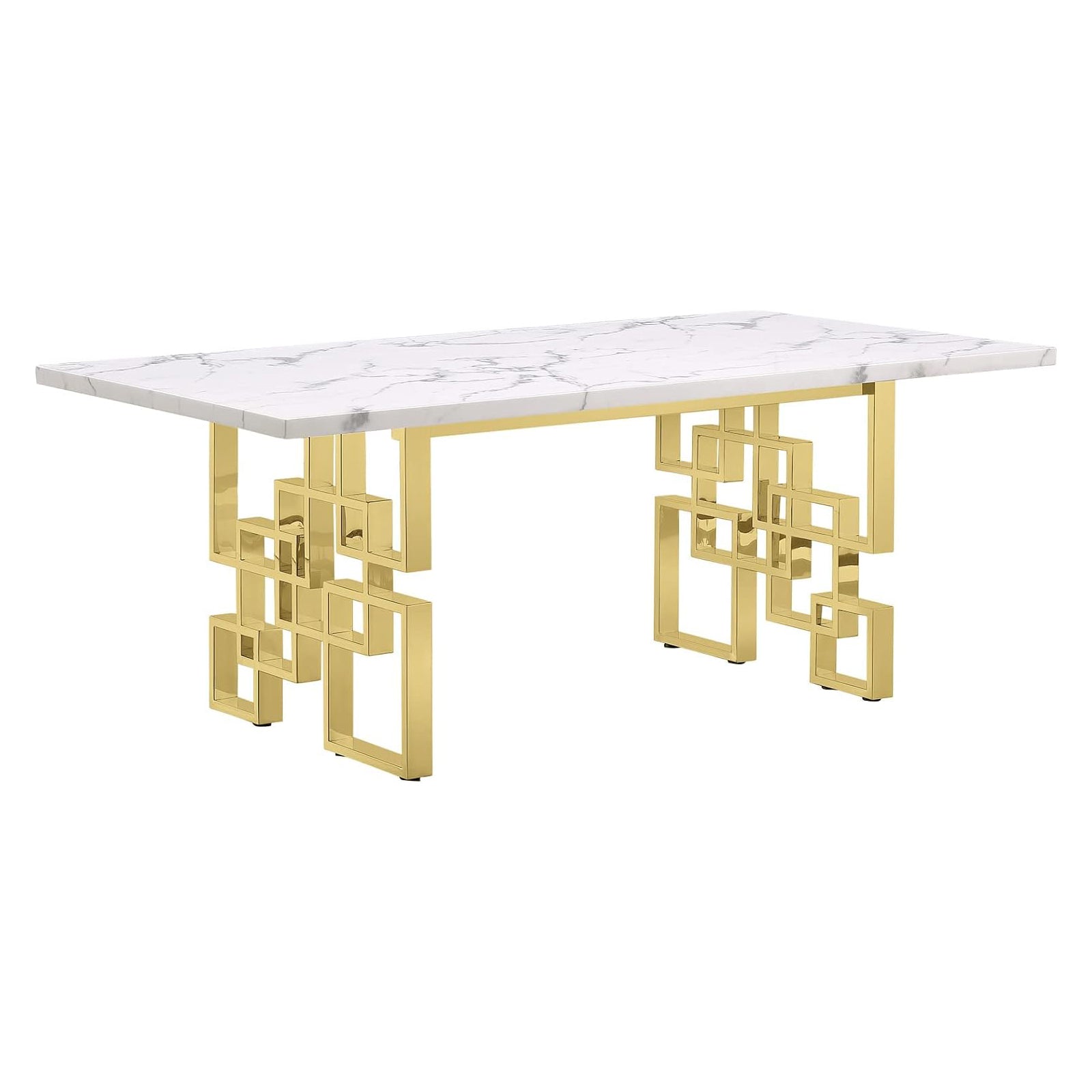 White dining table | 78" Rectangle  table Top | Gold Metal geometric legs | folding screen design T219