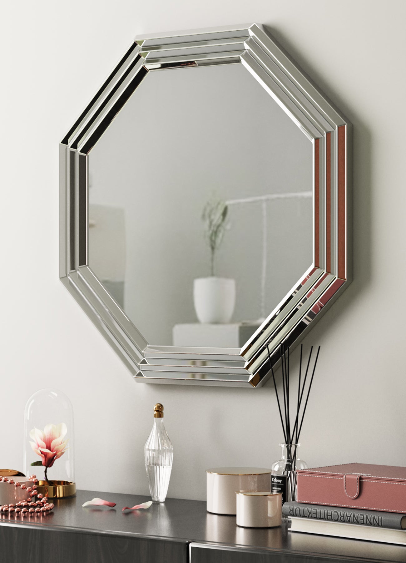 Silver  24" Octagon Geometric Mirror Wall | W100