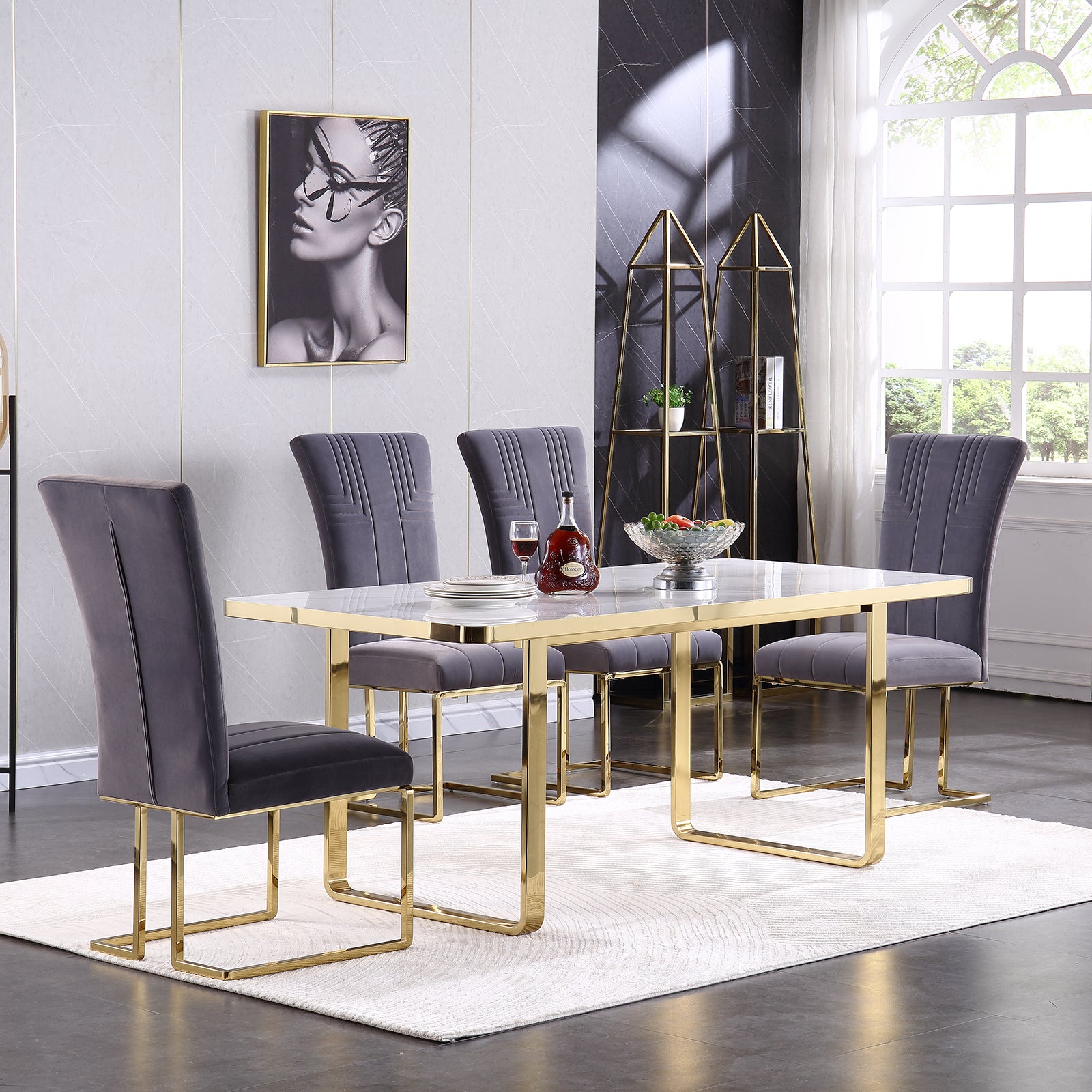 Gray Velvet dining chairs | Metal Sled Base| C119