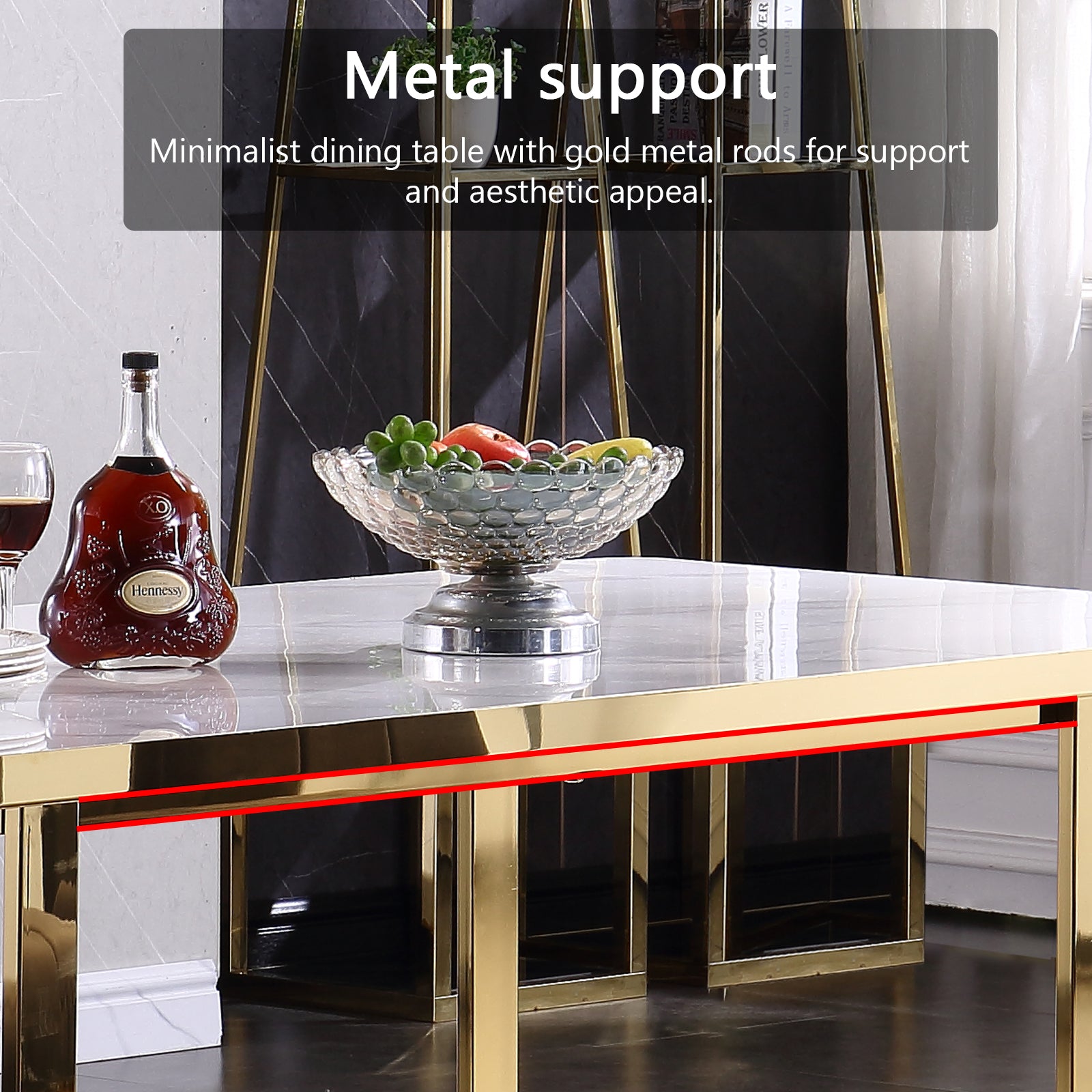 Dining room table with white glossy stone top and gold Metal U-Base for 6-Seat | T203