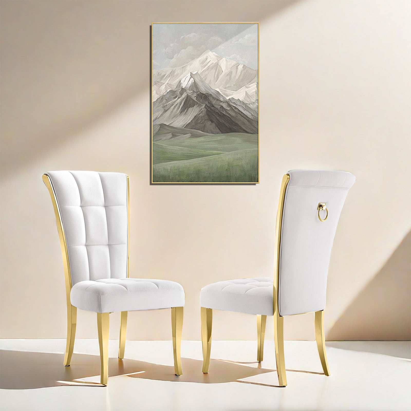 White Velvet Dining Chairs | Geometric square back| Metal legs| C175 High back with Plush Ring