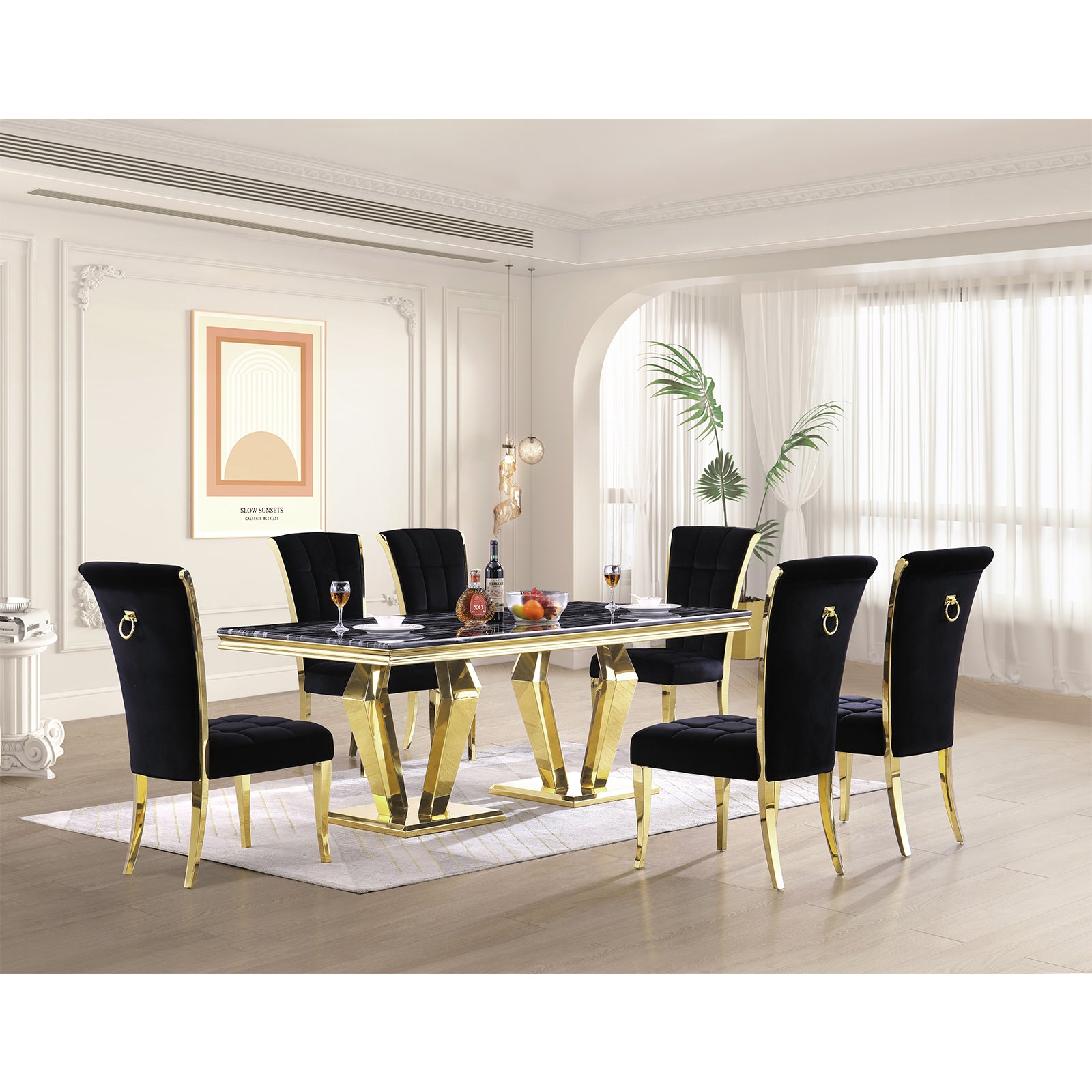 Black Velvet Dining Chairs | Geometric square back| Metal legs| C149
