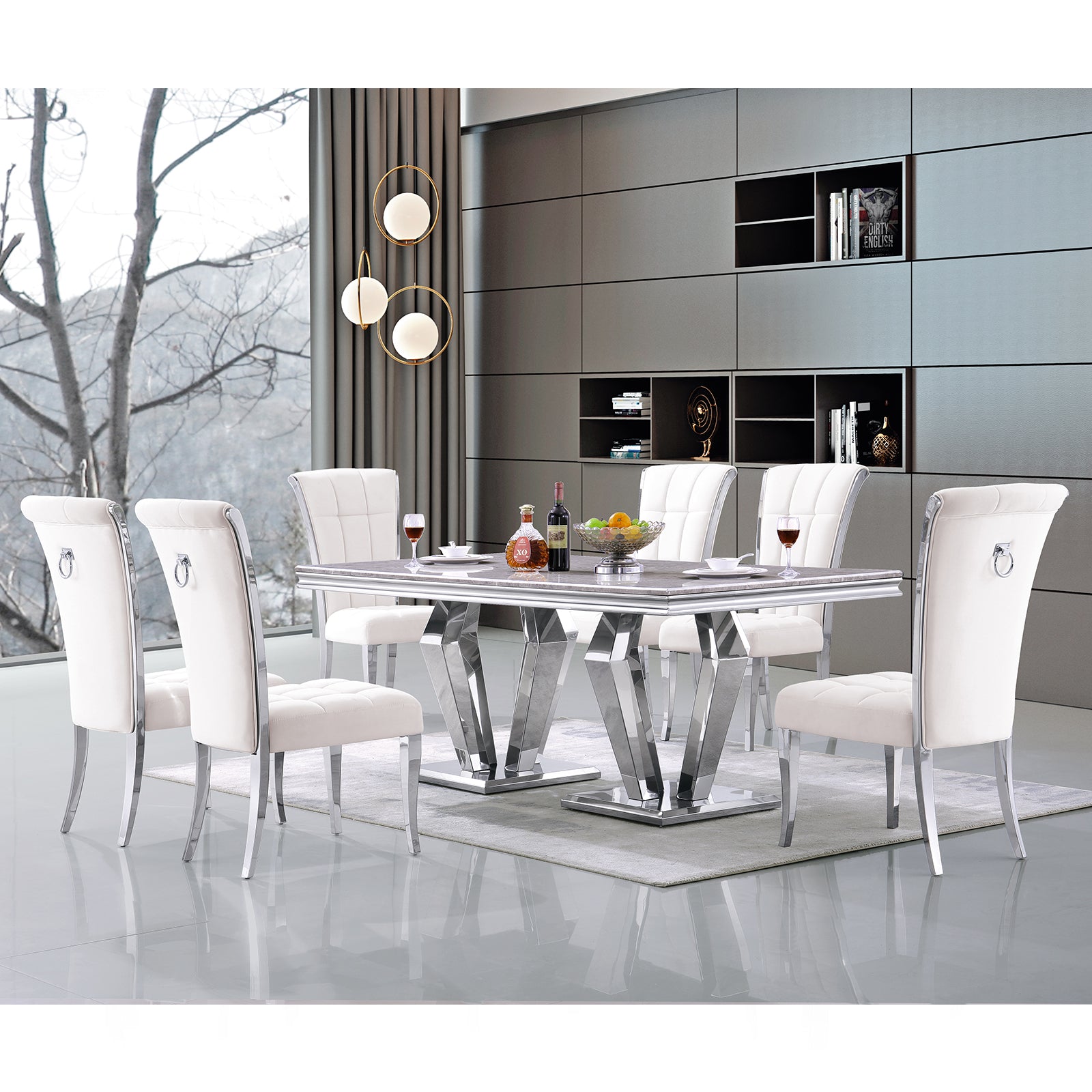 White Velvet Dining Chairs | Geometric square back| Metal legs| C150