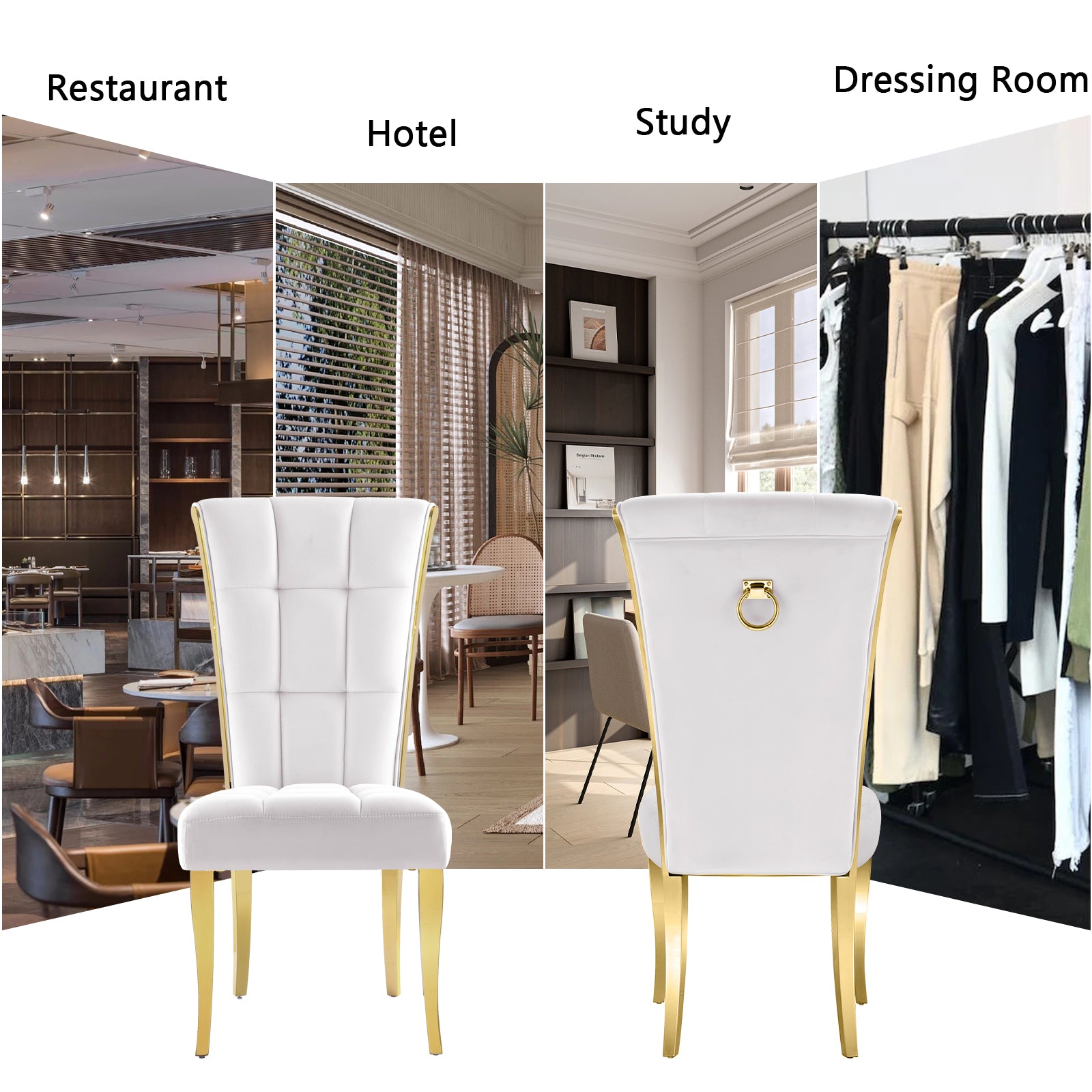 White Velvet Dining Chairs | Geometric square back| Metal legs| C175 High back with Plush Ring
