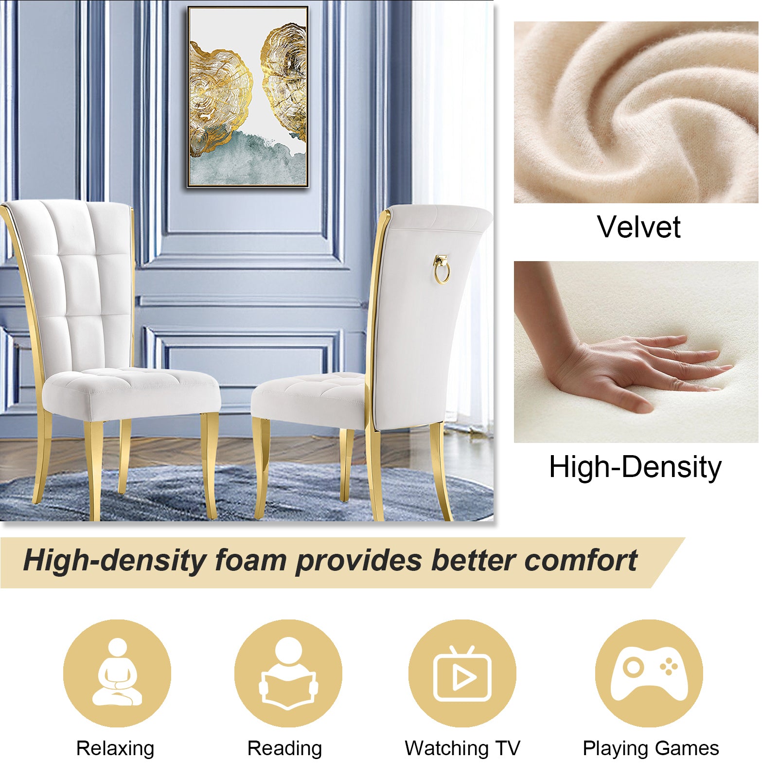 White Velvet Dining Chairs | Geometric square back| Metal legs| C175 High back with Plush Ring