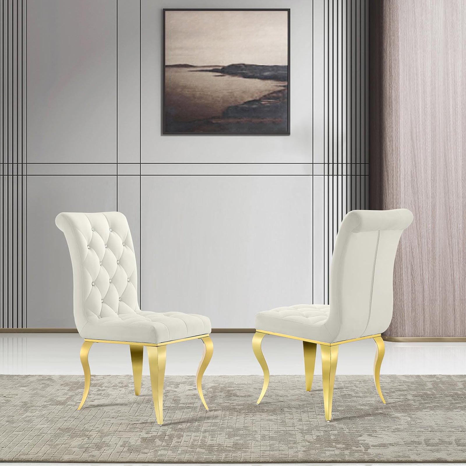 White Gold Velvet dining Chairs| Button Tufted Crystal Back | C135