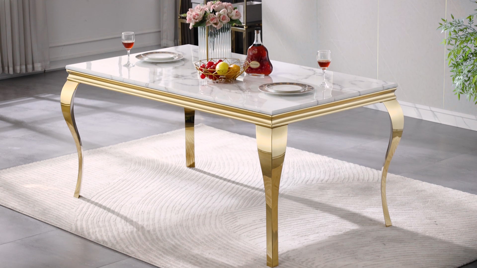 White dining table | 63" Tabletop | Gold metal Cabriole Legs | T205