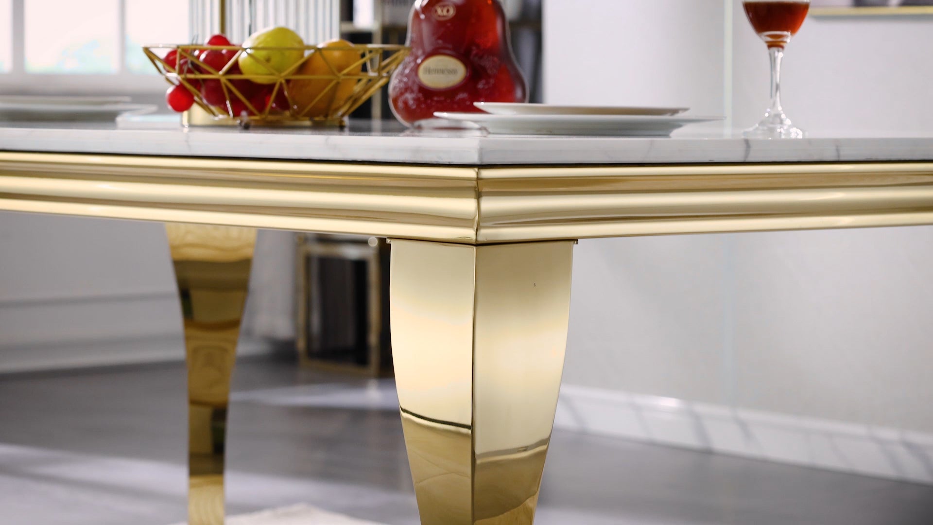 White dining table | 63" Tabletop | Gold metal Cabriole Legs | T205