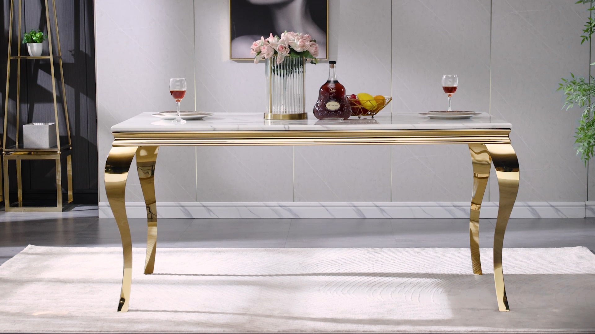 White dining table | 63" Tabletop | Gold metal Cabriole Legs | T205
