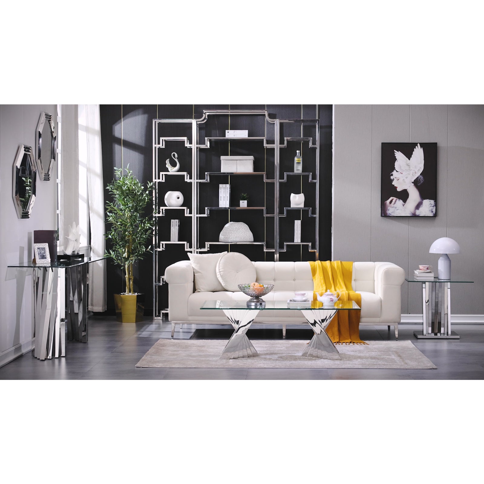 Glass Sofa Table with Polished Stainless Steel Scalloped Legs | S514