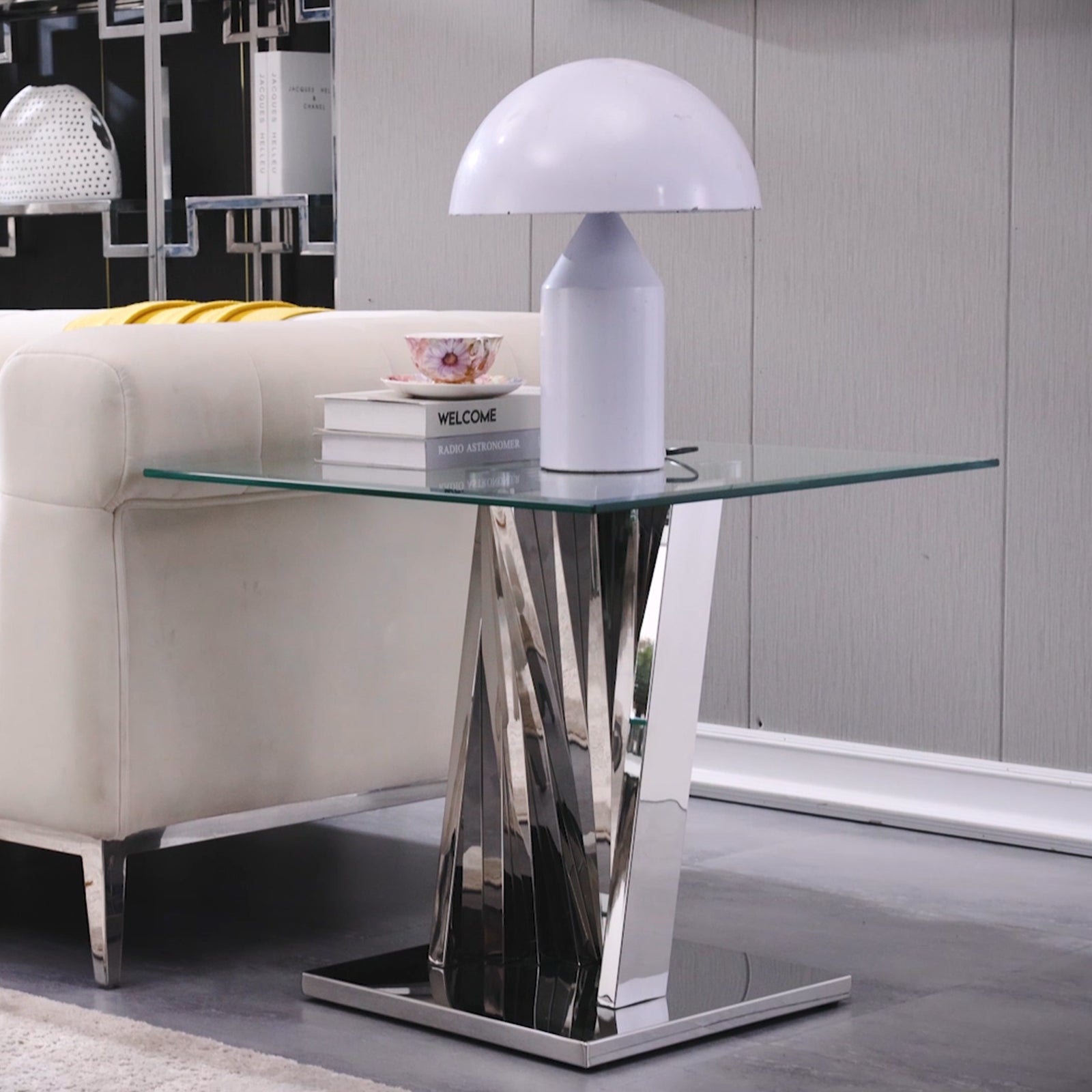 Silver Glass living room table set | Metal Scalloped Legs | L220