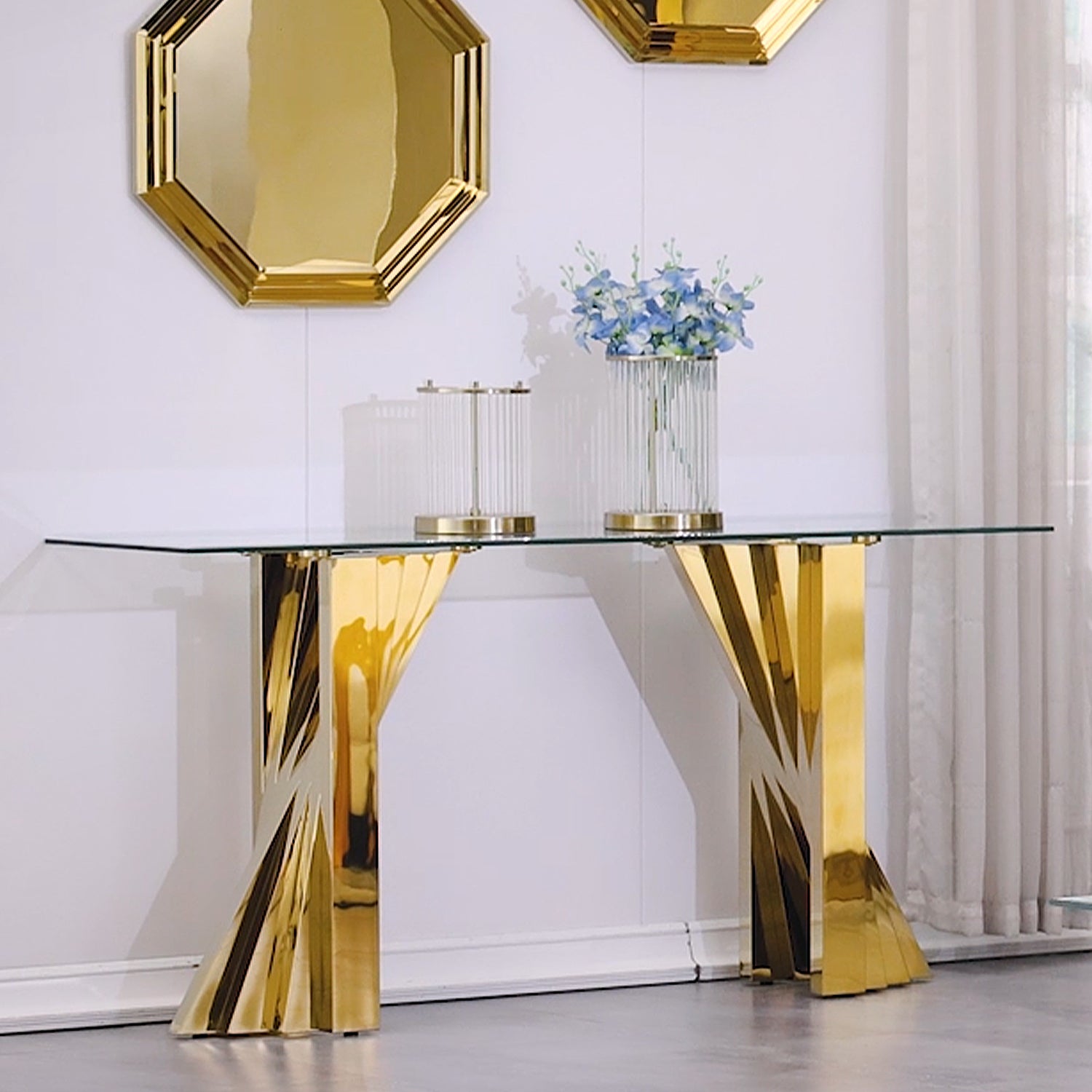 Gold Glass living room table set | Metal Scalloped Legs | L219