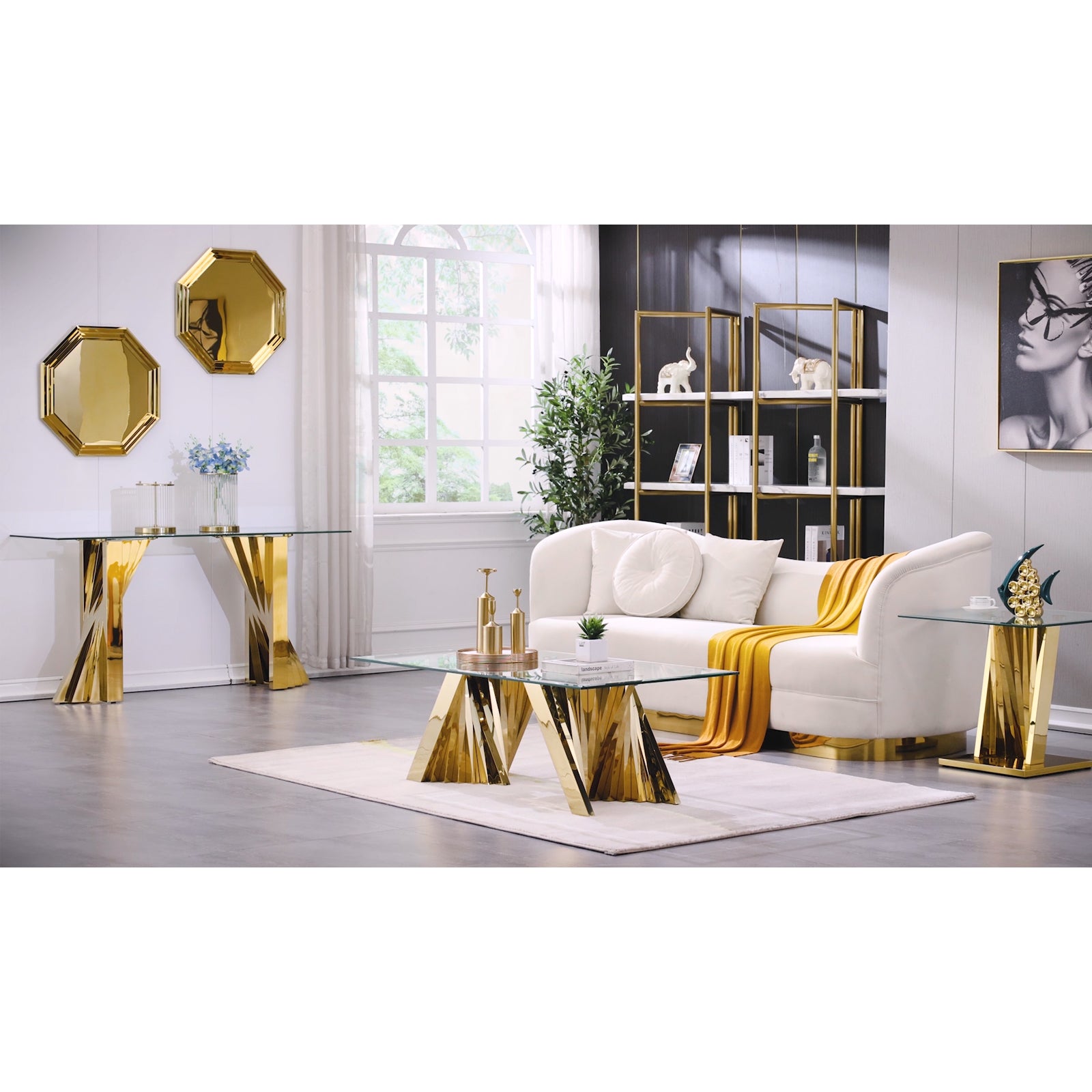 Glass Gold Sofa Table with Polished Stainless Steel Scalloped Legs  | S515