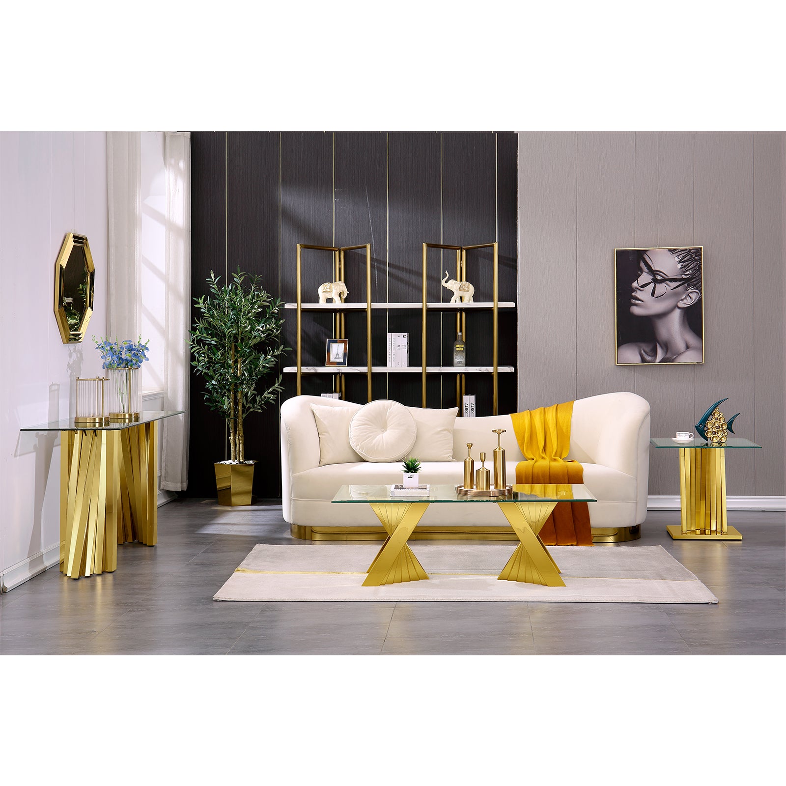 Gold Glass living room table set | Metal Scalloped Legs | L219