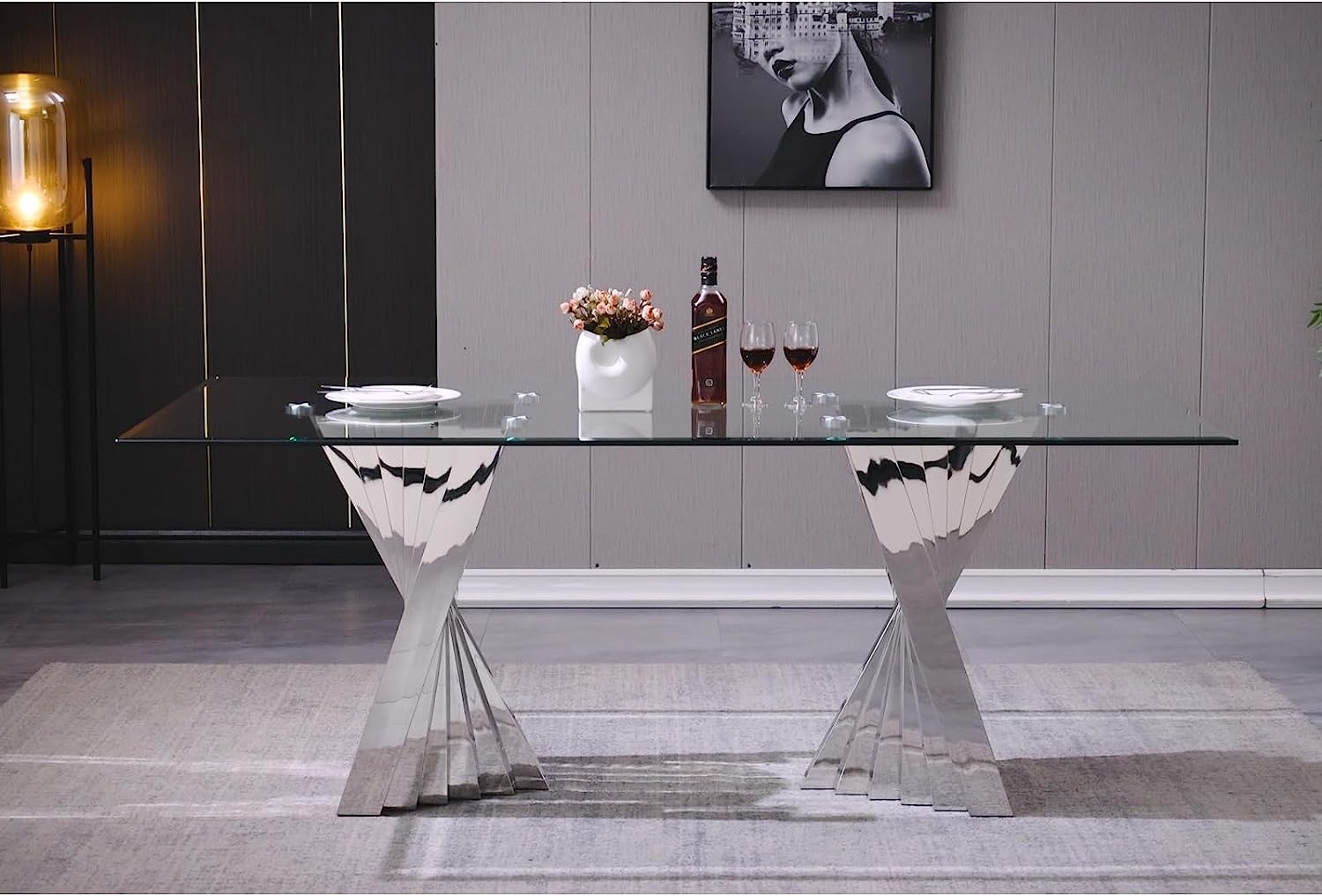 Glass Dining Table| 78’‘ Glass top | Silver Metal Fan-shaped legs | T214