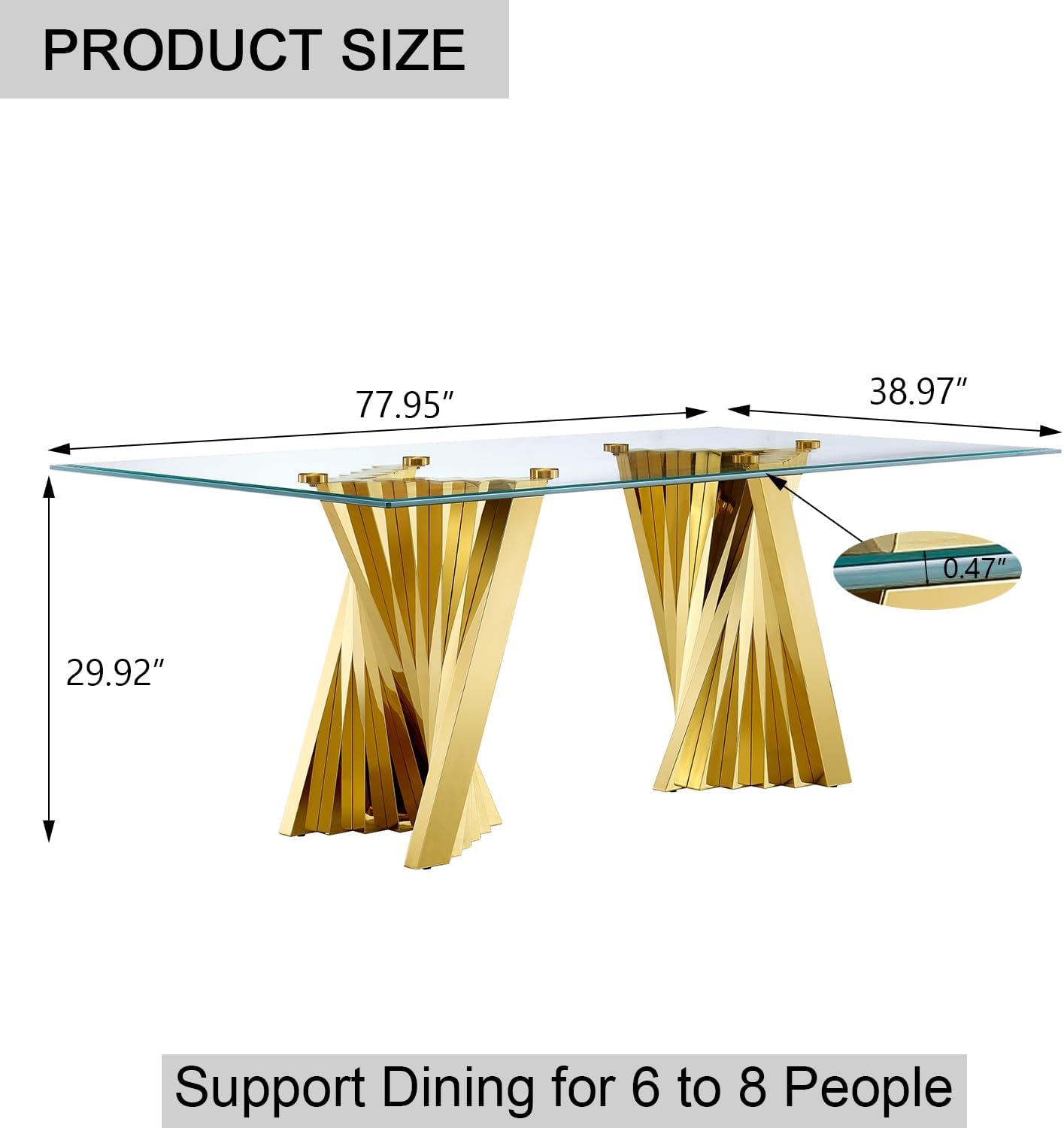 Glass Dining Table| 78’‘ Glass top | Gold Metal Fan-shaped legs | T215