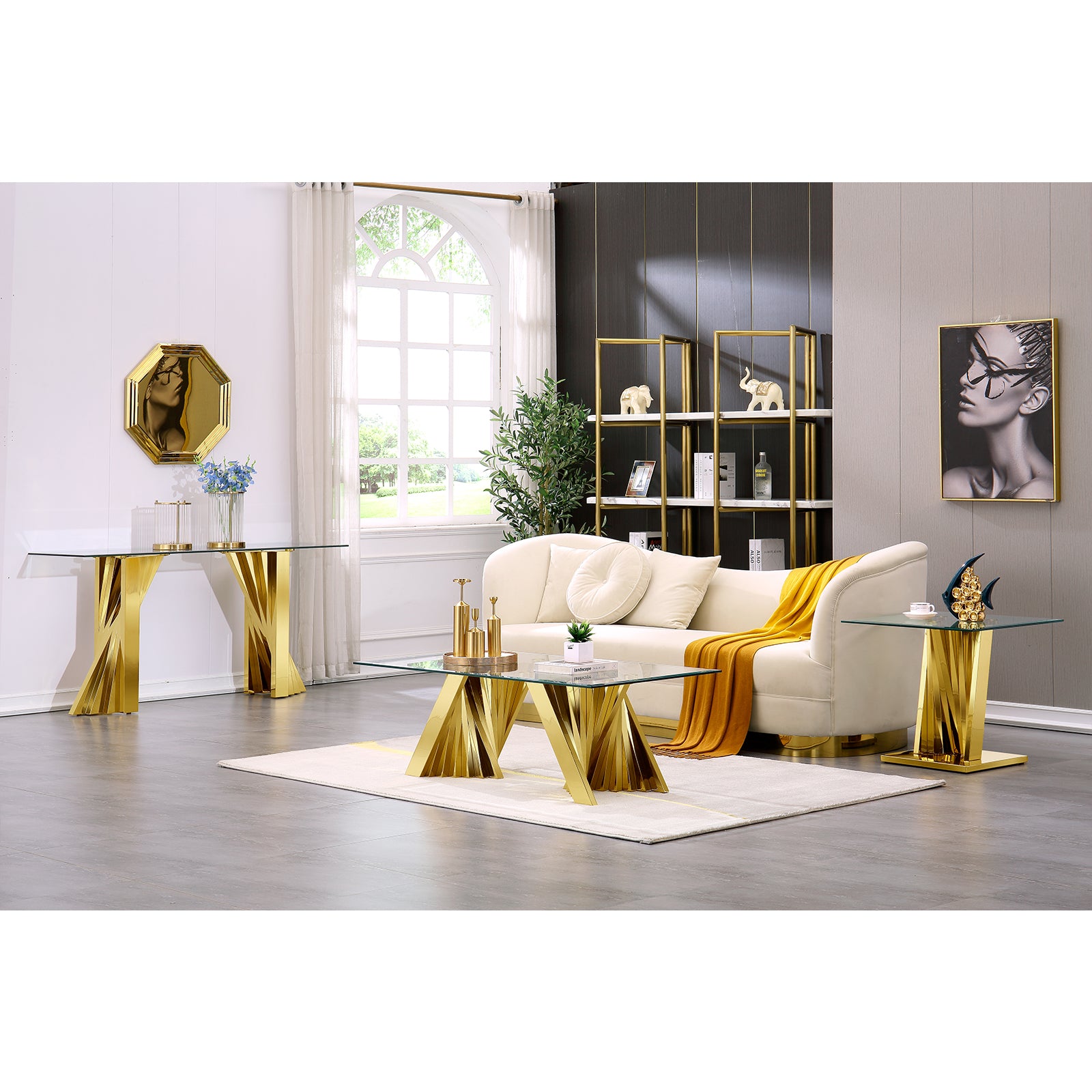 Gold Glass living room table set | Metal Scalloped Legs | L219