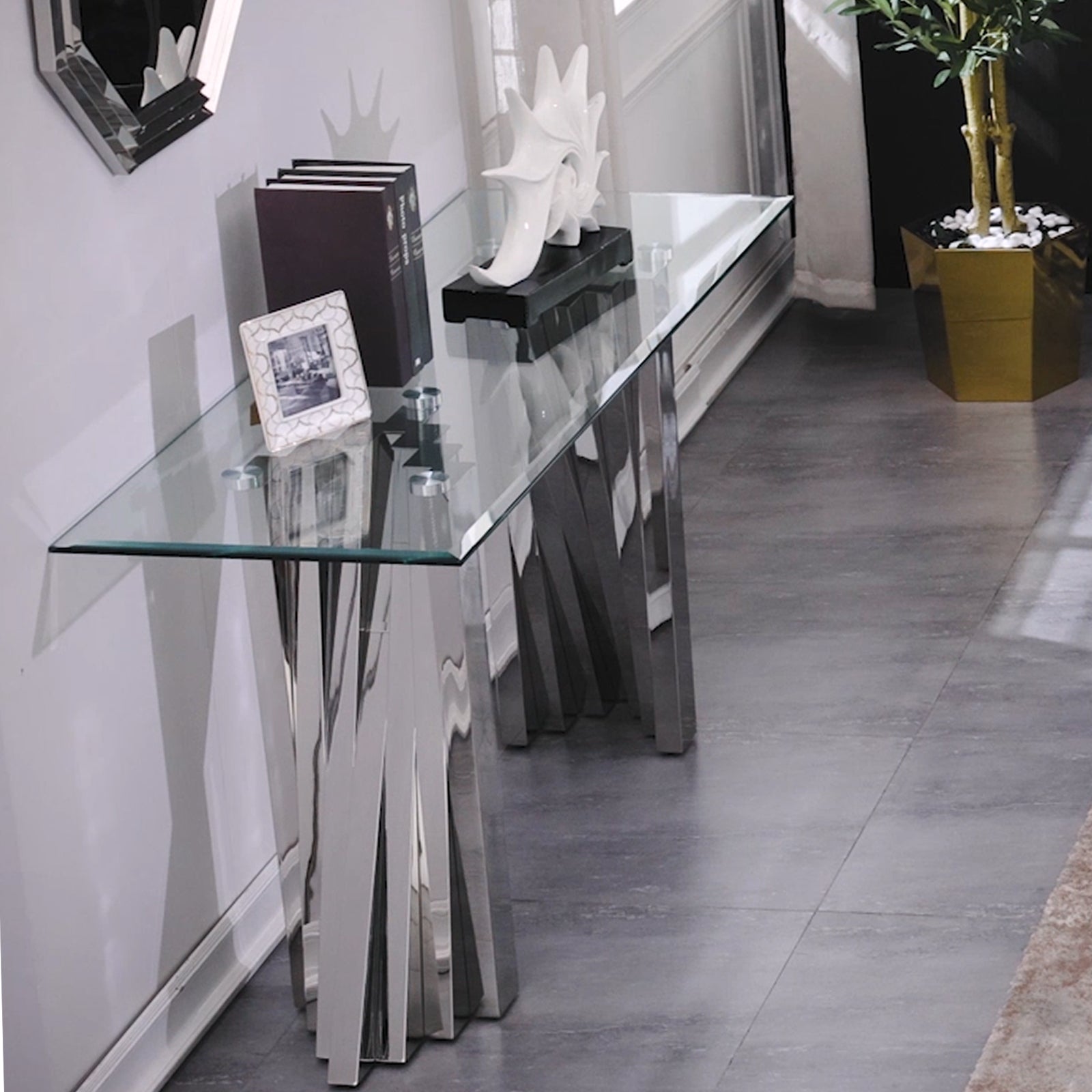 Glass Sofa Table with Polished Stainless Steel Scalloped Legs | S514