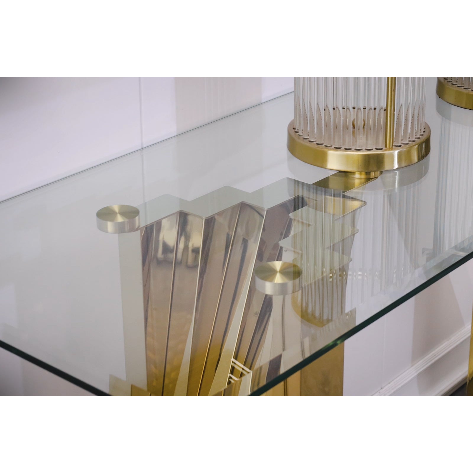 Glass Gold Sofa Table with Polished Stainless Steel Scalloped Legs  | S515