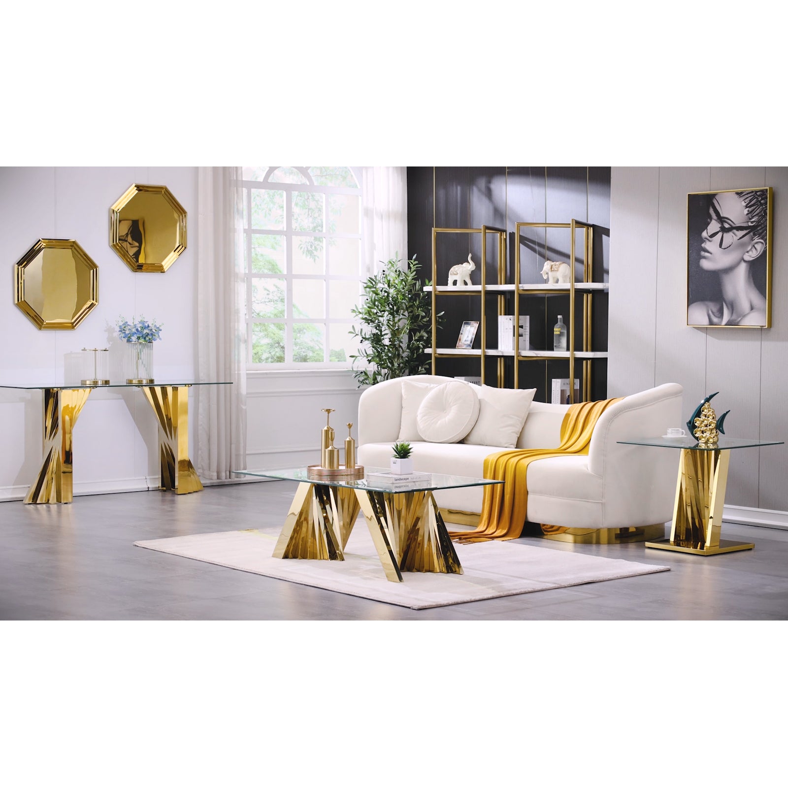 Gold Glass living room table set | Metal Scalloped Legs | L219