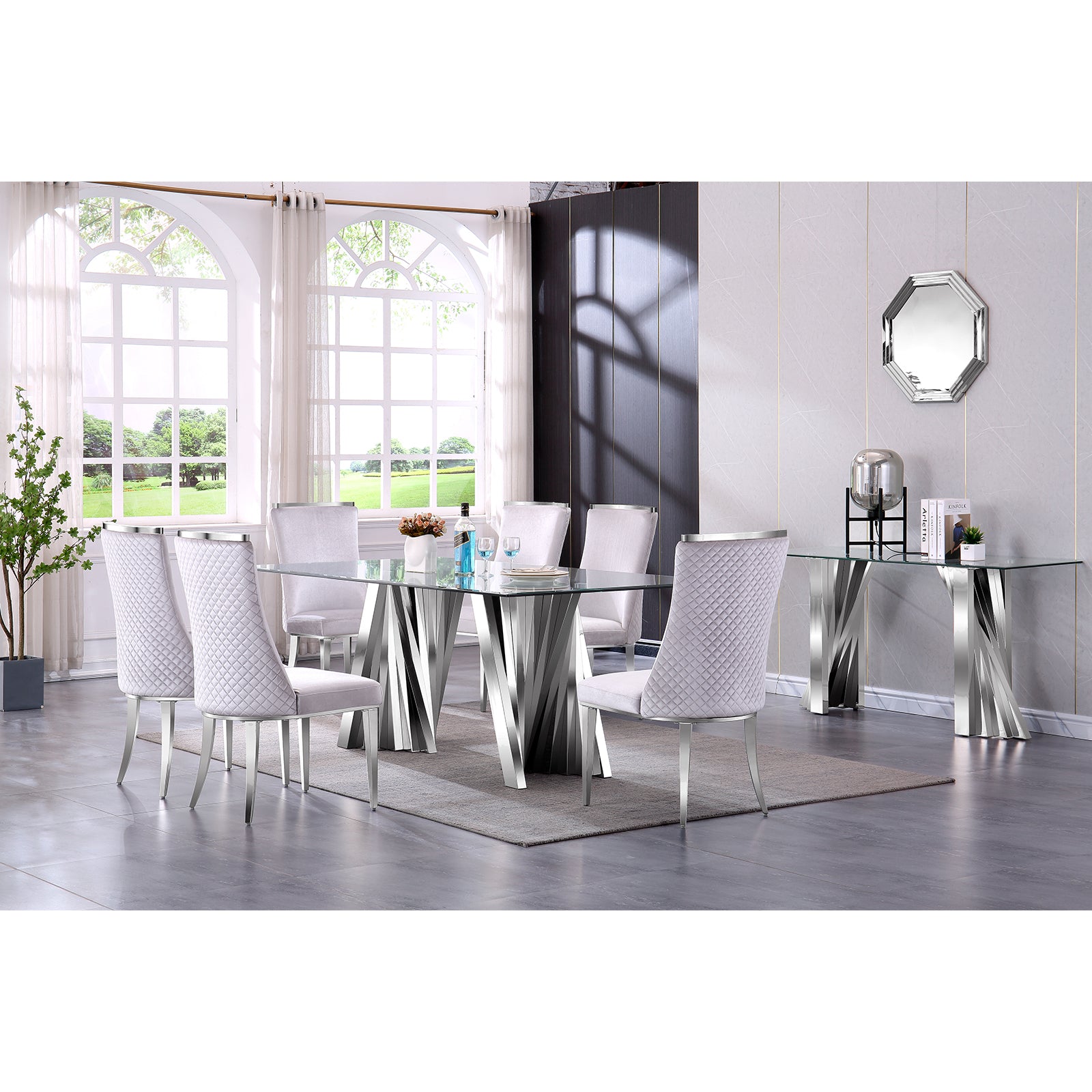 Glass Dining Table| 78’‘ Glass top | Silver Metal Fan-shaped legs | T214