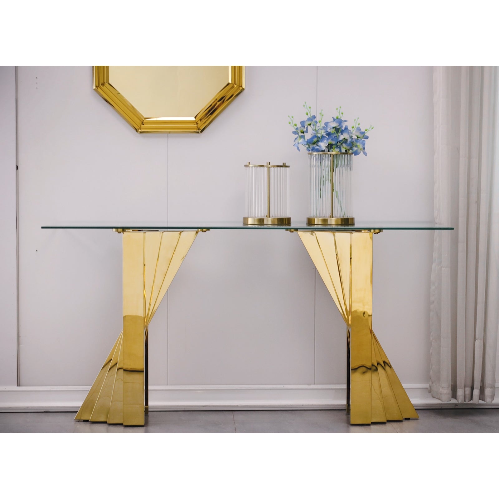 Glass Gold Sofa Table with Polished Stainless Steel Scalloped Legs  | S515