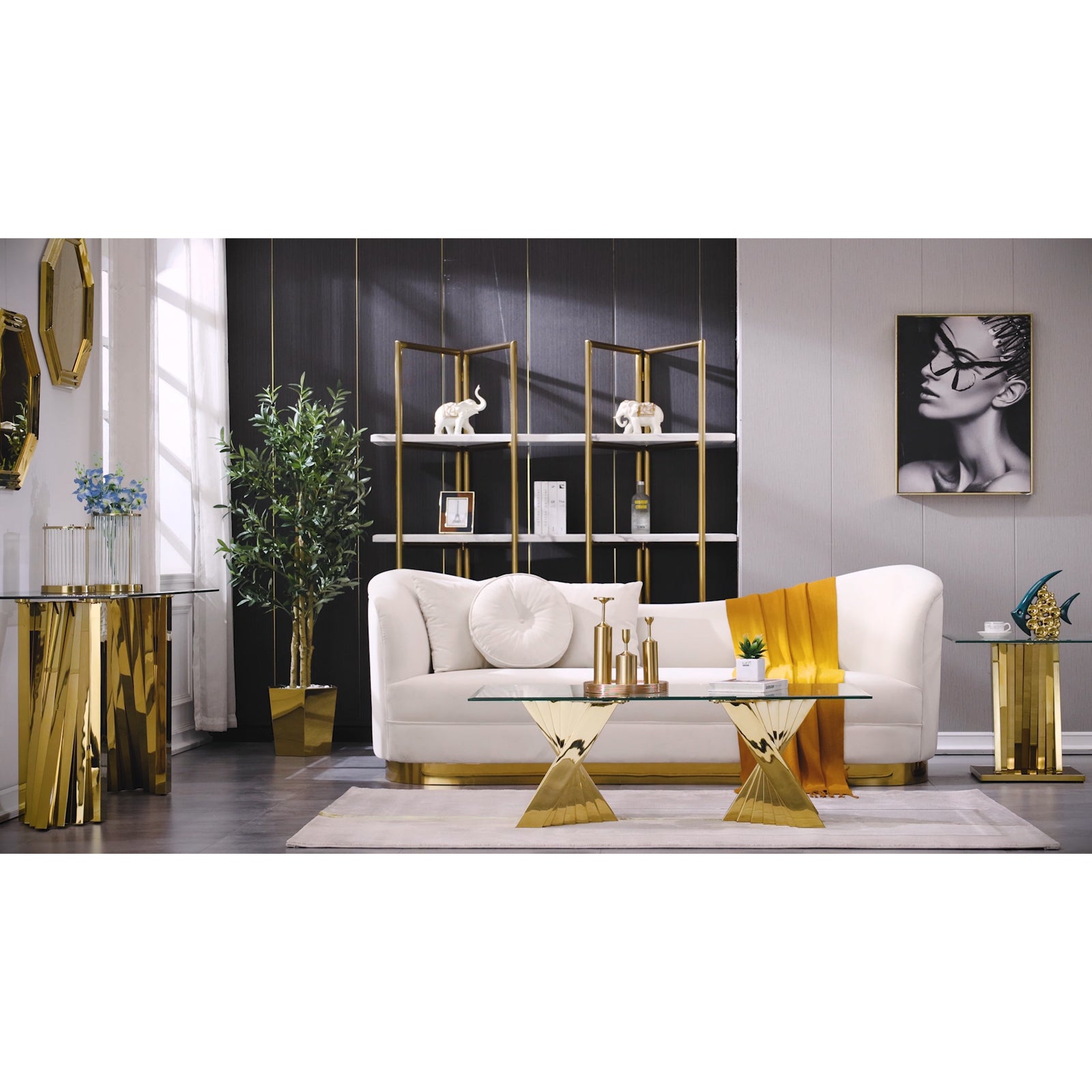 Gold Glass living room table set | Metal Scalloped Legs | L219