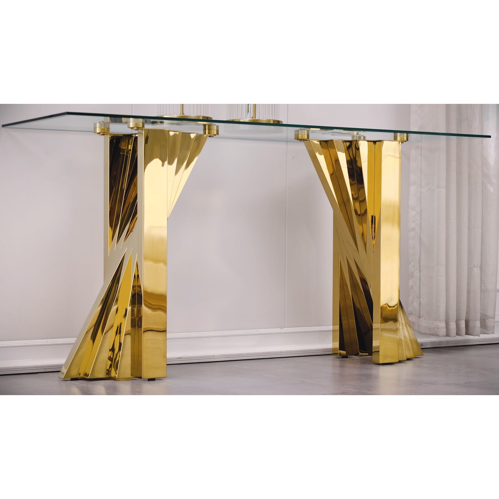 Glass Gold Sofa Table with Polished Stainless Steel Scalloped Legs  | S515