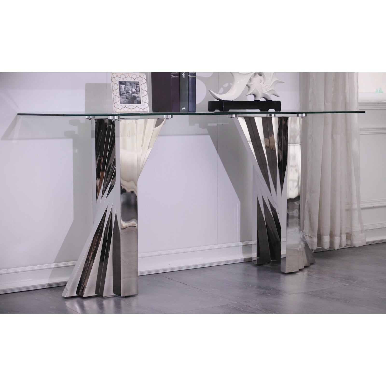 Glass Sofa Table with Polished Stainless Steel Scalloped Legs | S514
