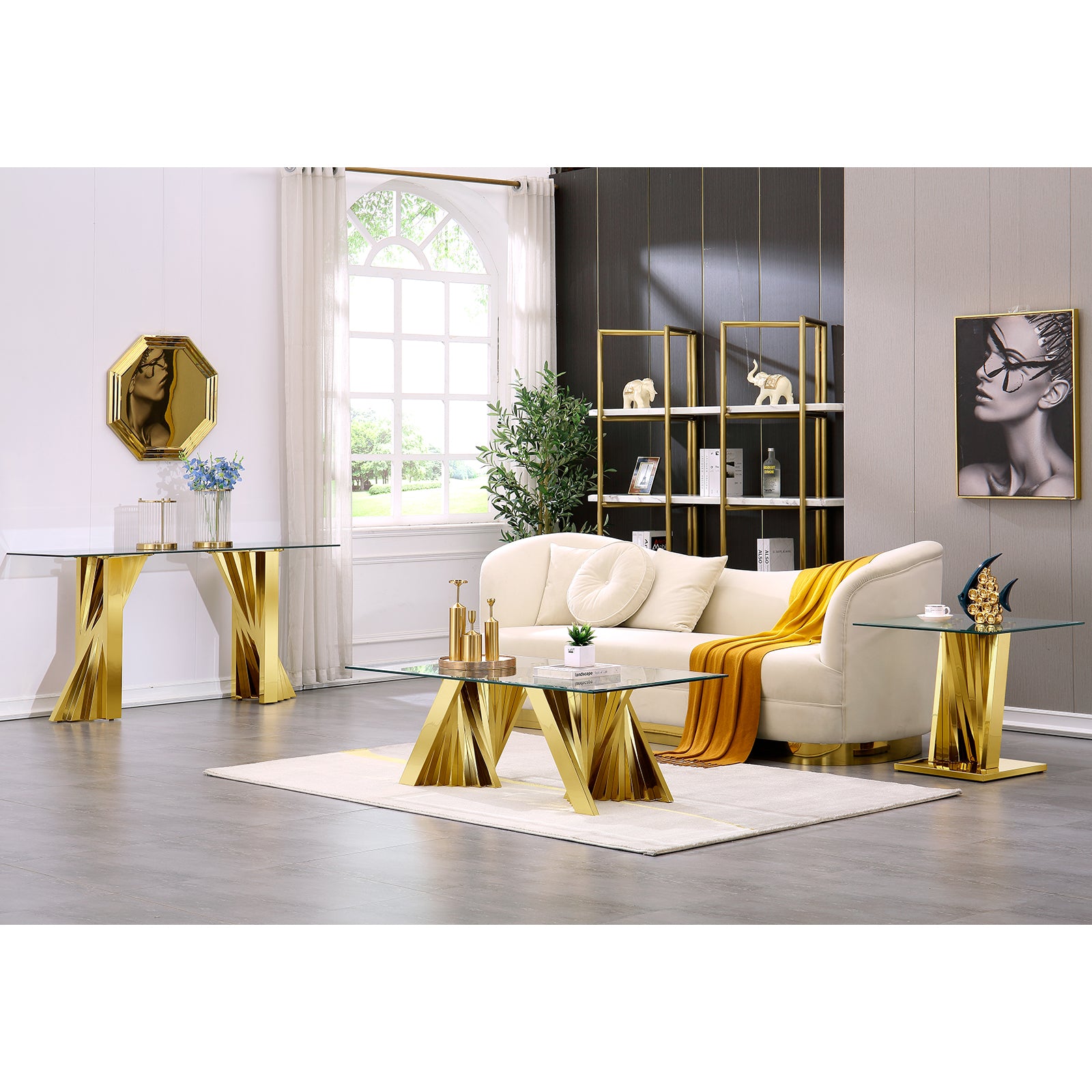 Glass End Table with Gold Polished Metal Scalloped Legs | E413