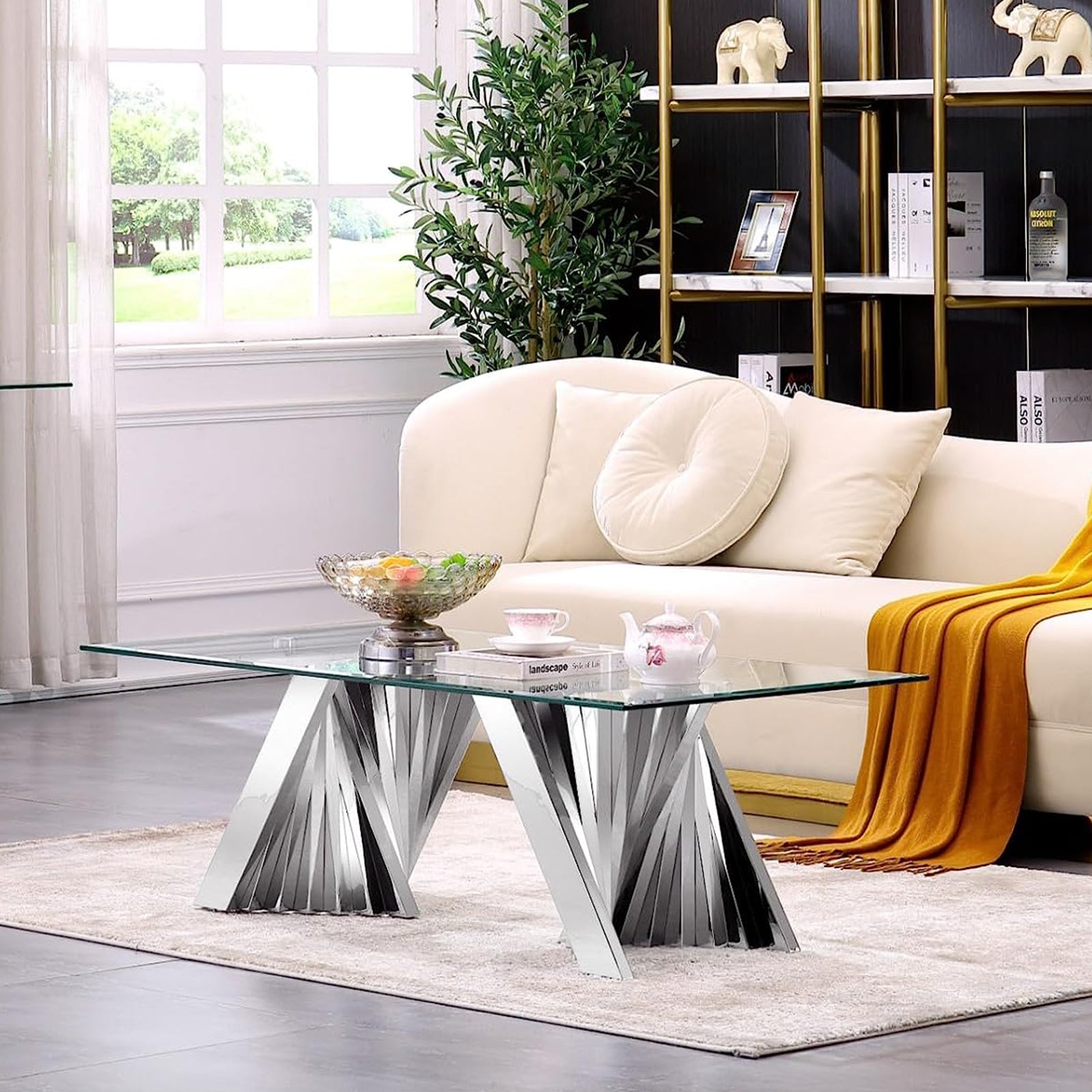 Silver Glass living room table set | Metal Scalloped Legs | L220