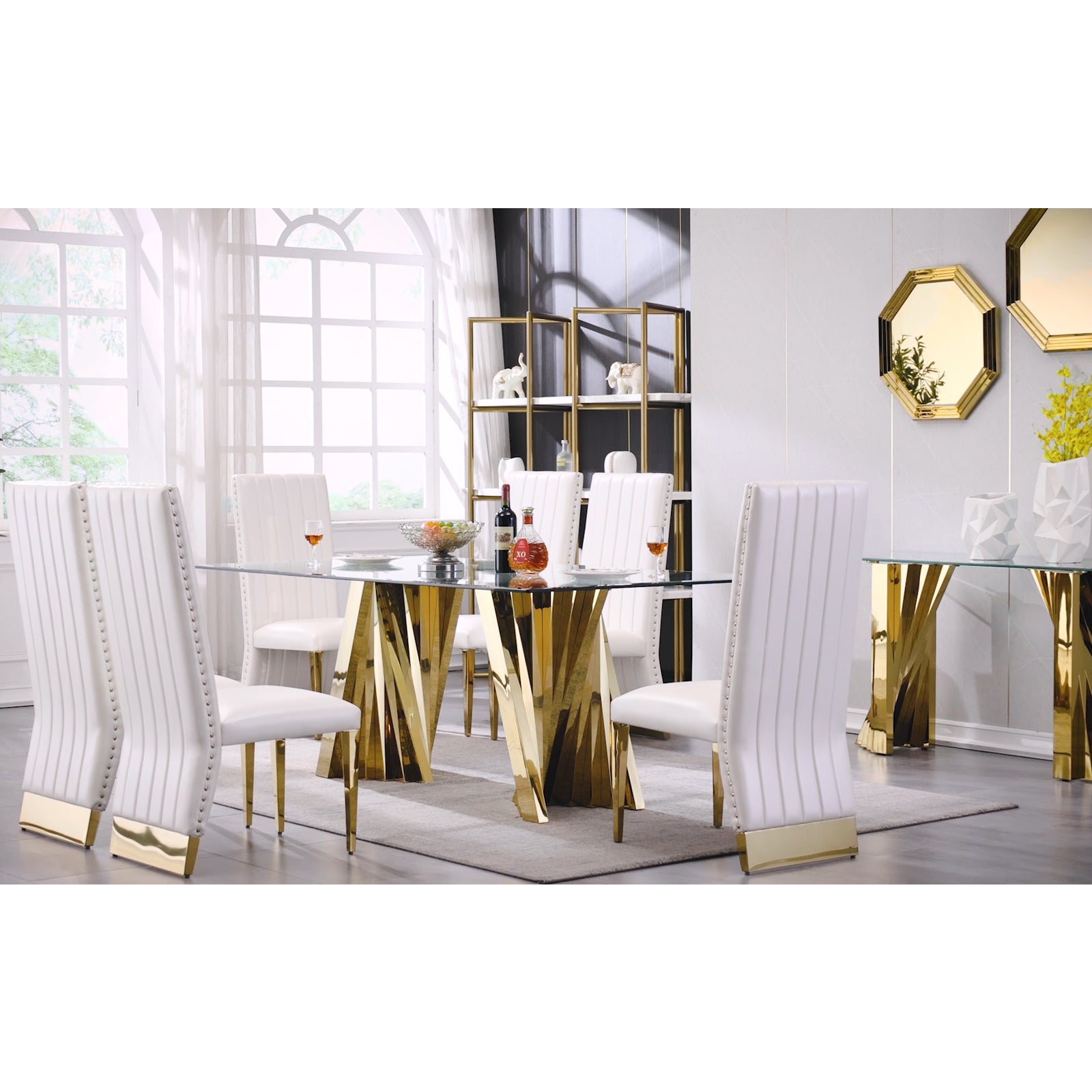 Glass Dining Table| 78’‘ Glass top | Gold Metal Fan-shaped legs | T215