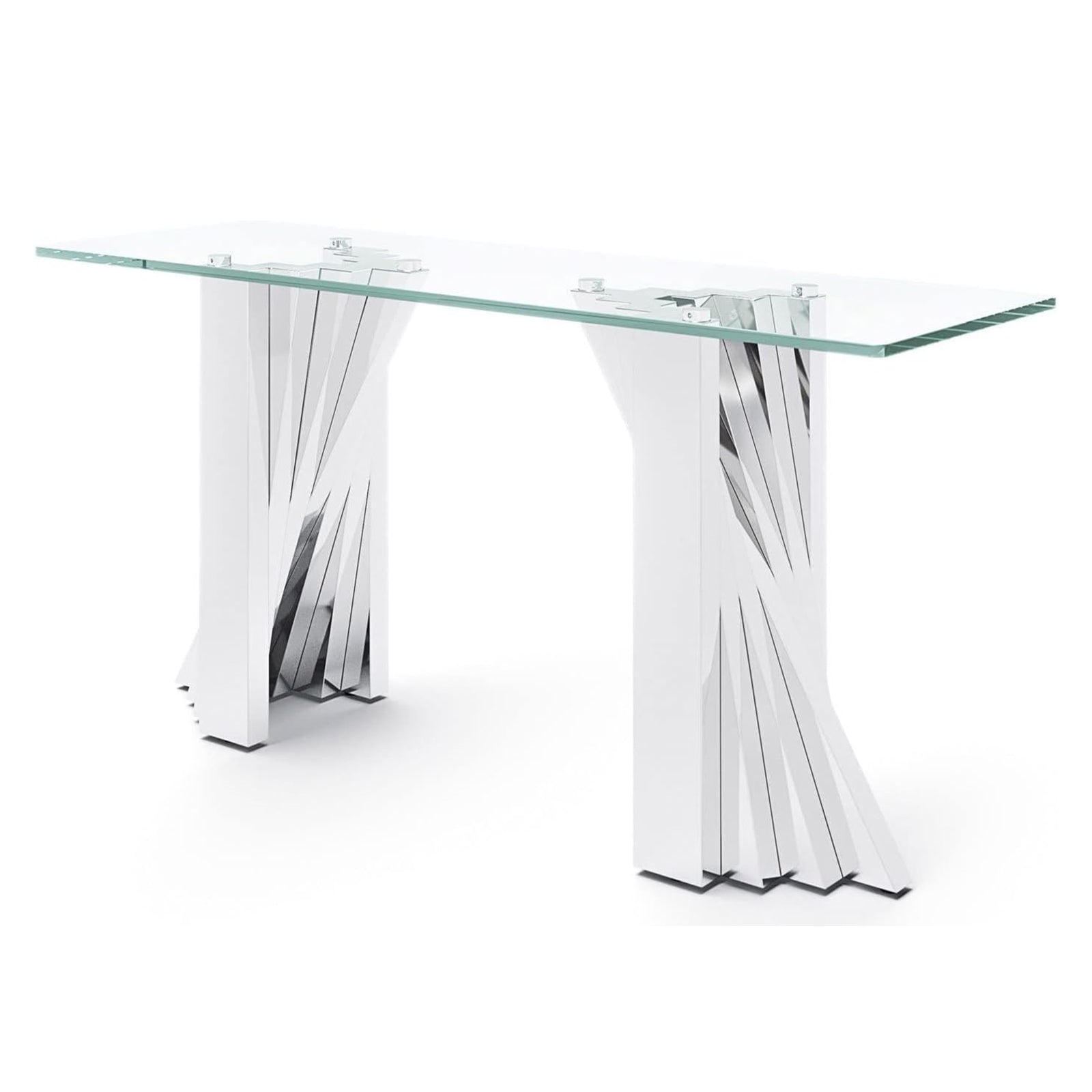 Glass Sofa Table with Polished Stainless Steel Scalloped Legs | S514