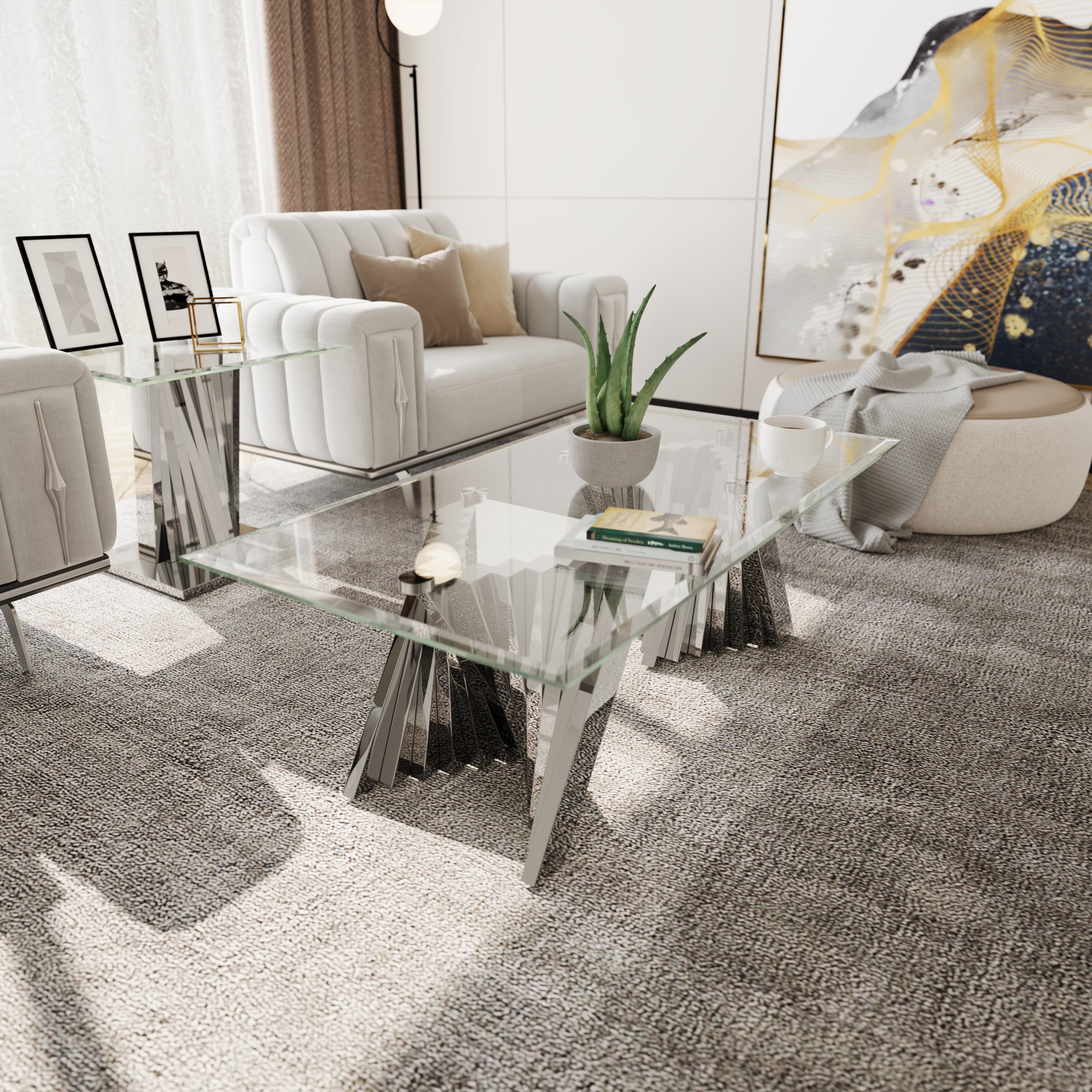 Glass Coffee Tables with Silver Metal Scalloped Legs | F310