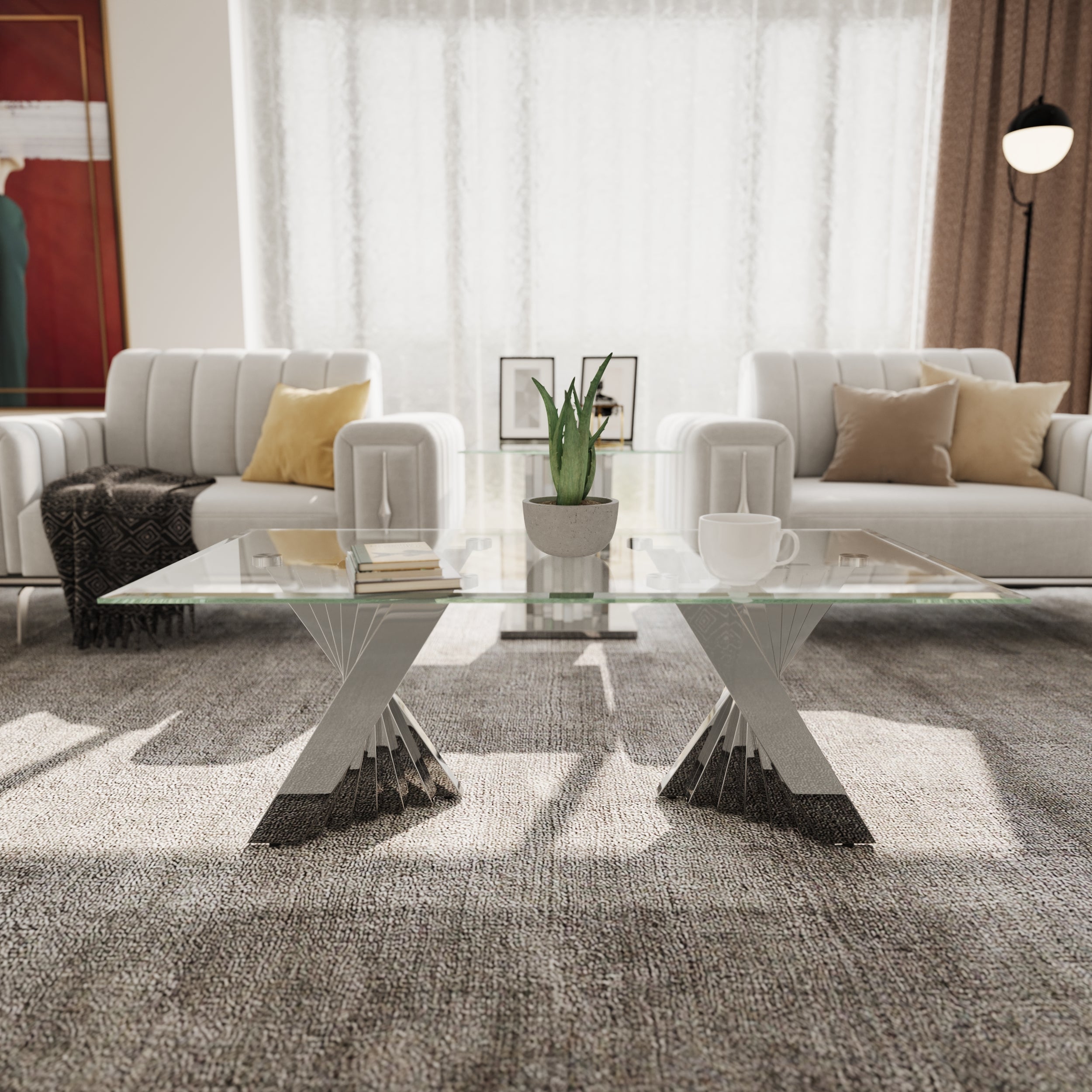 Glass Coffee Tables with Silver Metal Scalloped Legs | F310