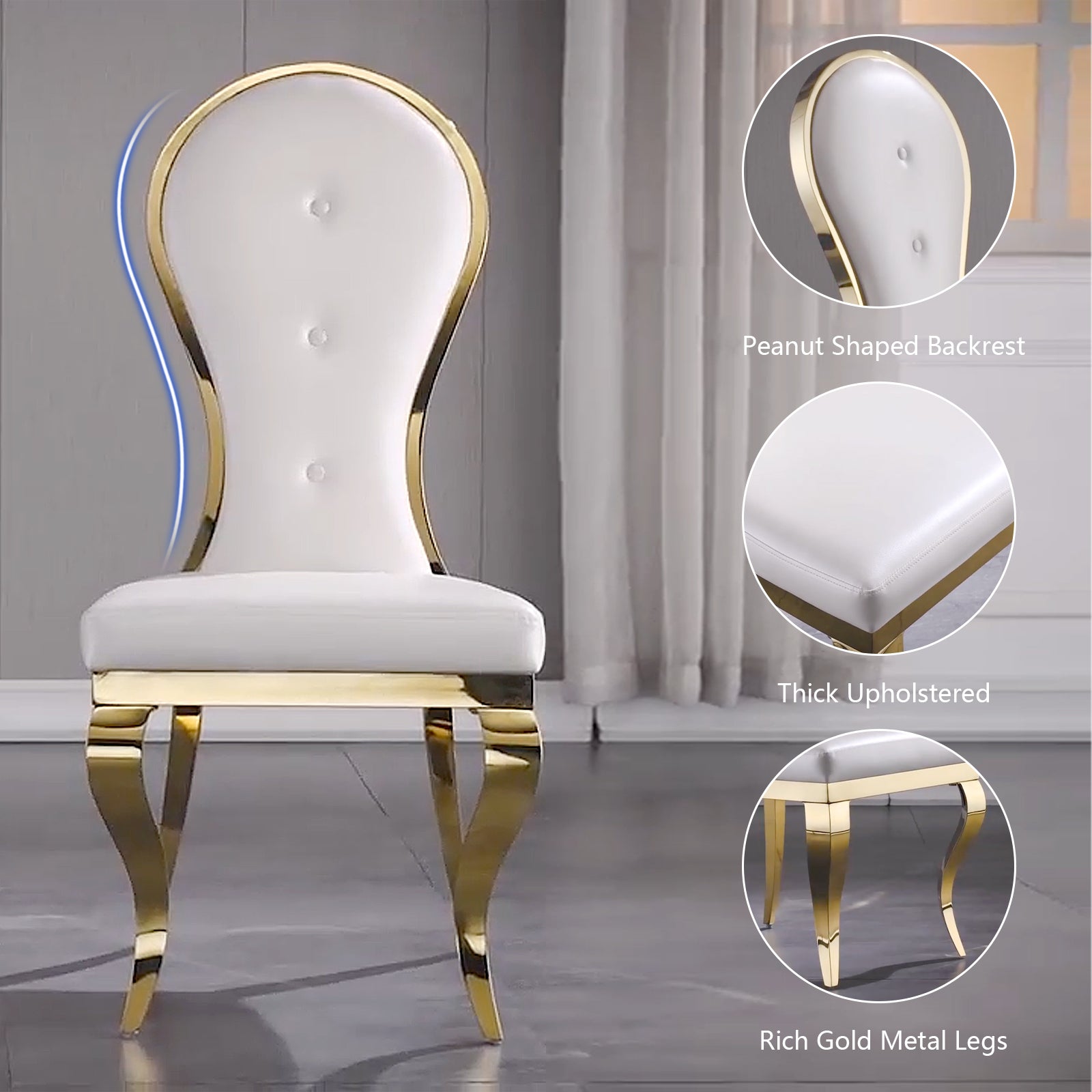 White leather Dining Chairs | Oval-shaped back | Gold metal legs| C144
