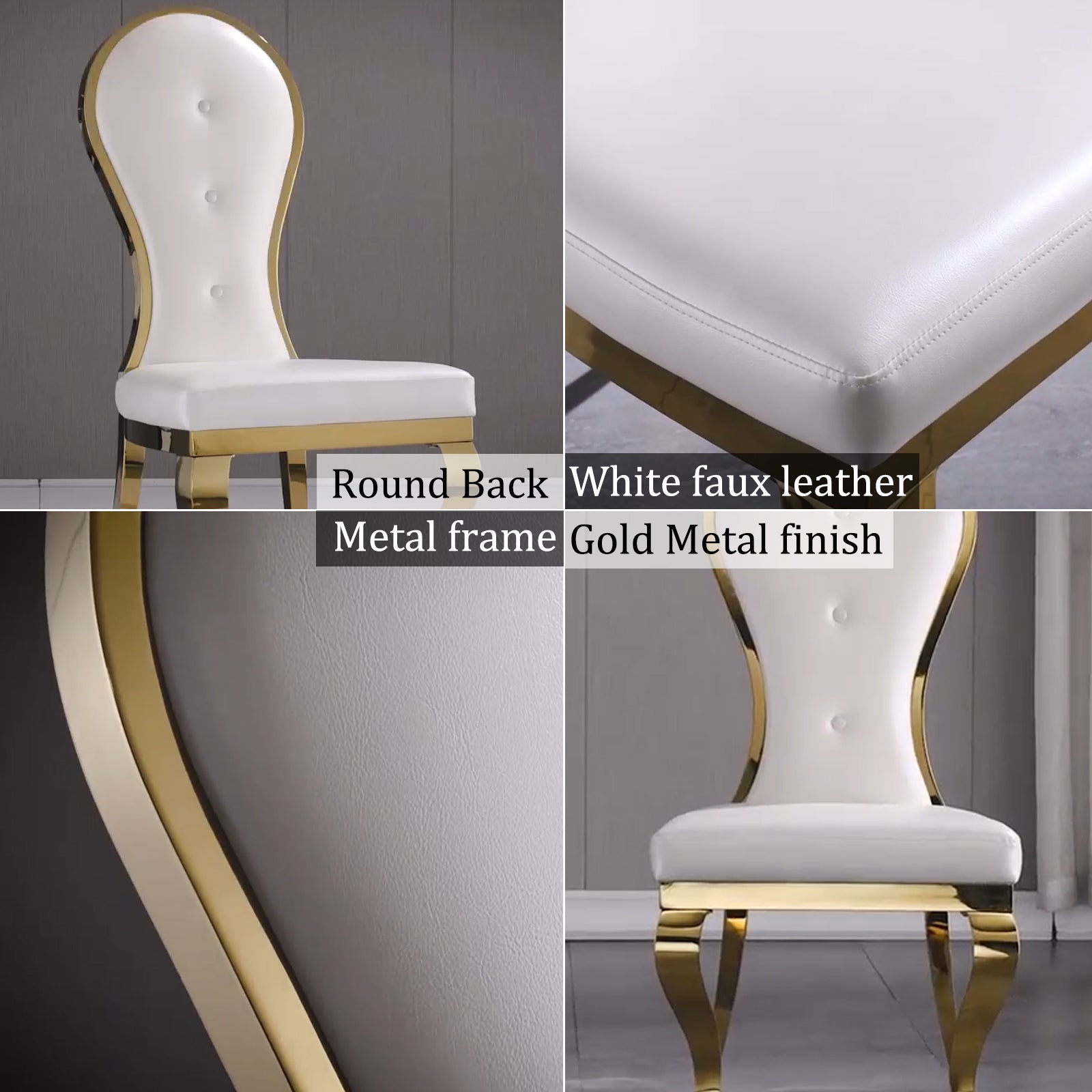 White leather Dining Chairs | Oval-shaped back | Gold metal legs| C144