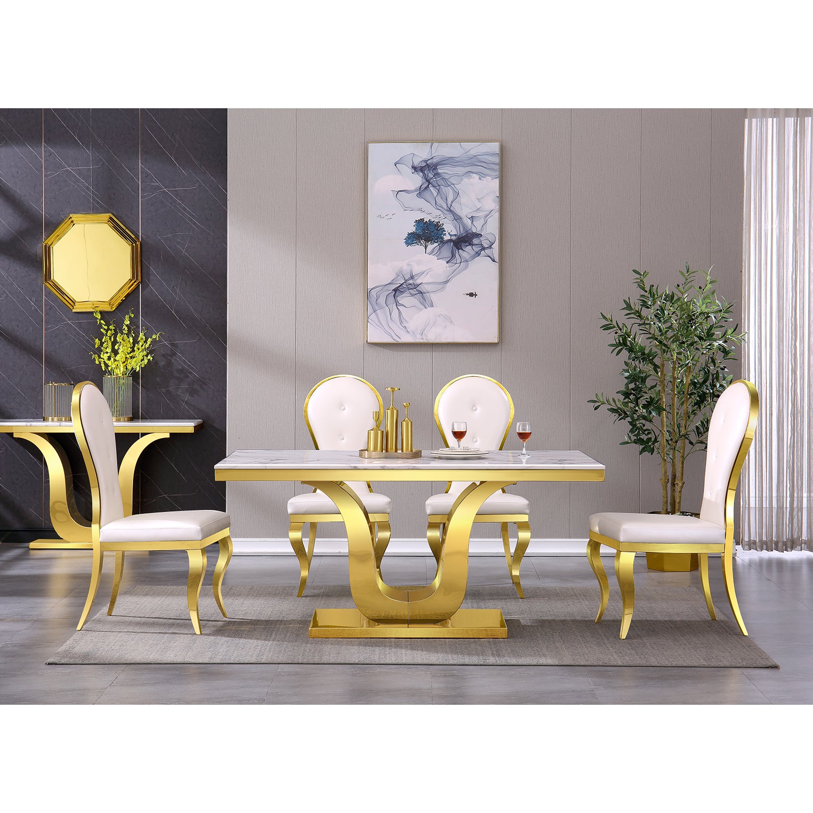 White leather Dining Chairs | Oval-shaped back | Gold metal legs| C144