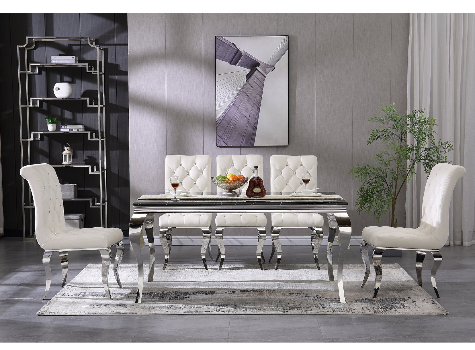 Black dining table | 63" Tabletop | Silver Metal Cabriole Legs | T204