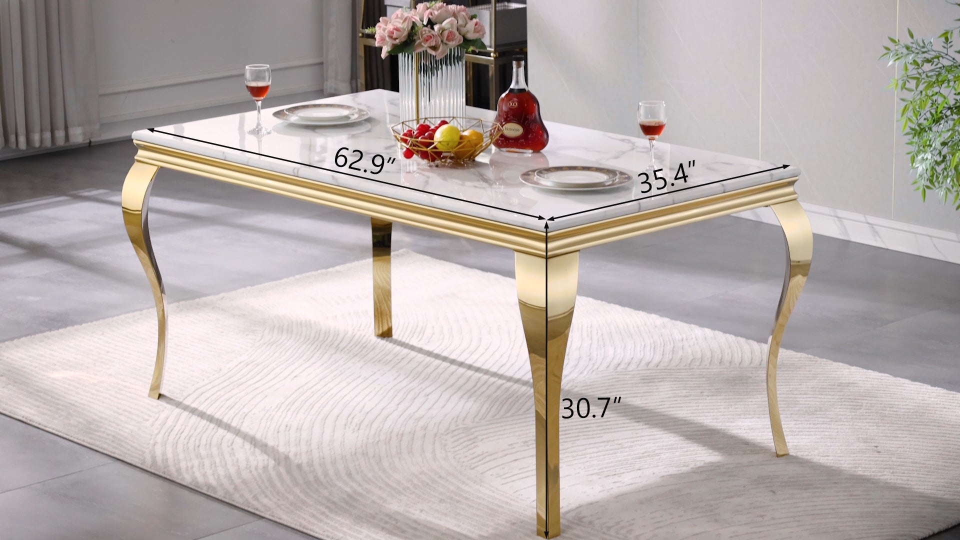 White dining table | 63" Tabletop | Gold metal Cabriole Legs | T205