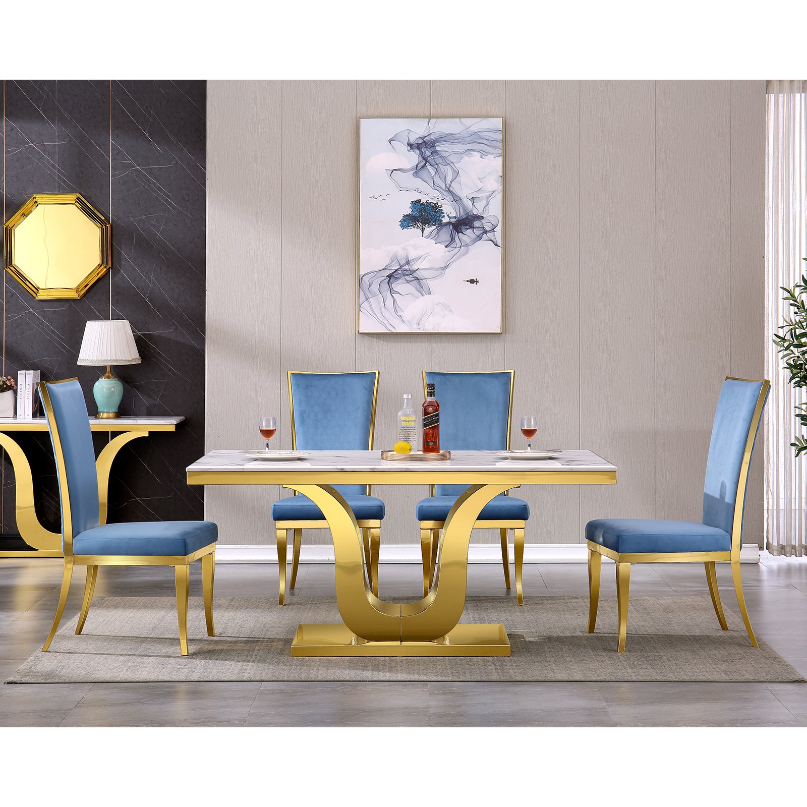 Blue velvet Dining Chairs | Hand-stitched diamond High Back | C151